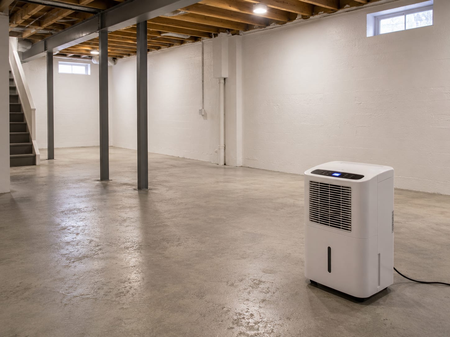 Dehumidifier running in a clean, dry Princeton basement after mold remediation