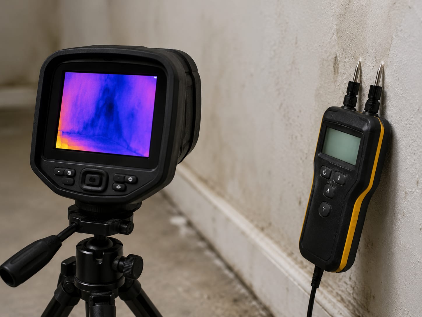 Thermal imaging camera and moisture meter detecting hidden mold behind a Princeton wall