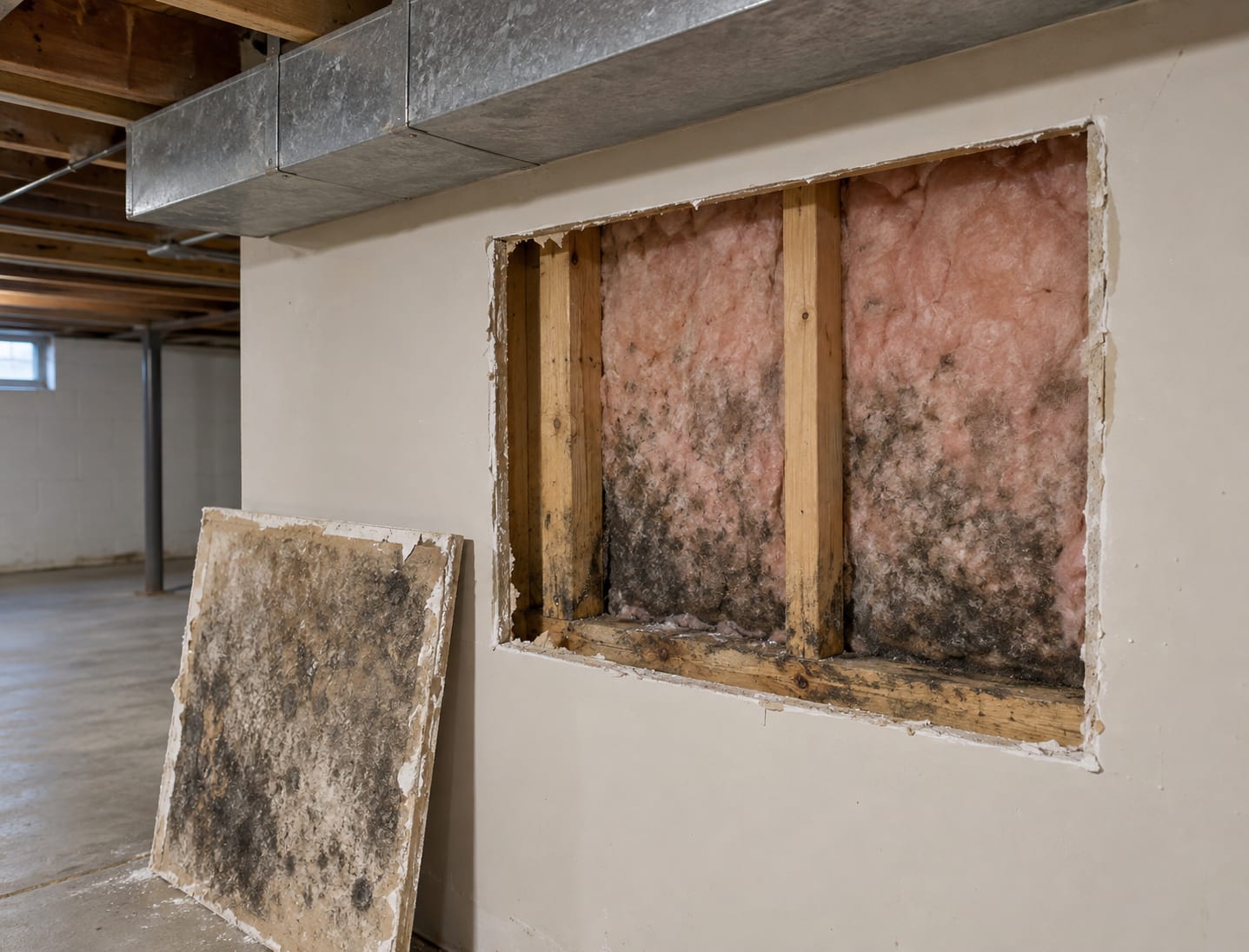 Opened wall cavity in a finished basement in Robbinsville, New Jersey with dark speckled growth on a stud and insulation beside an HVAC duct