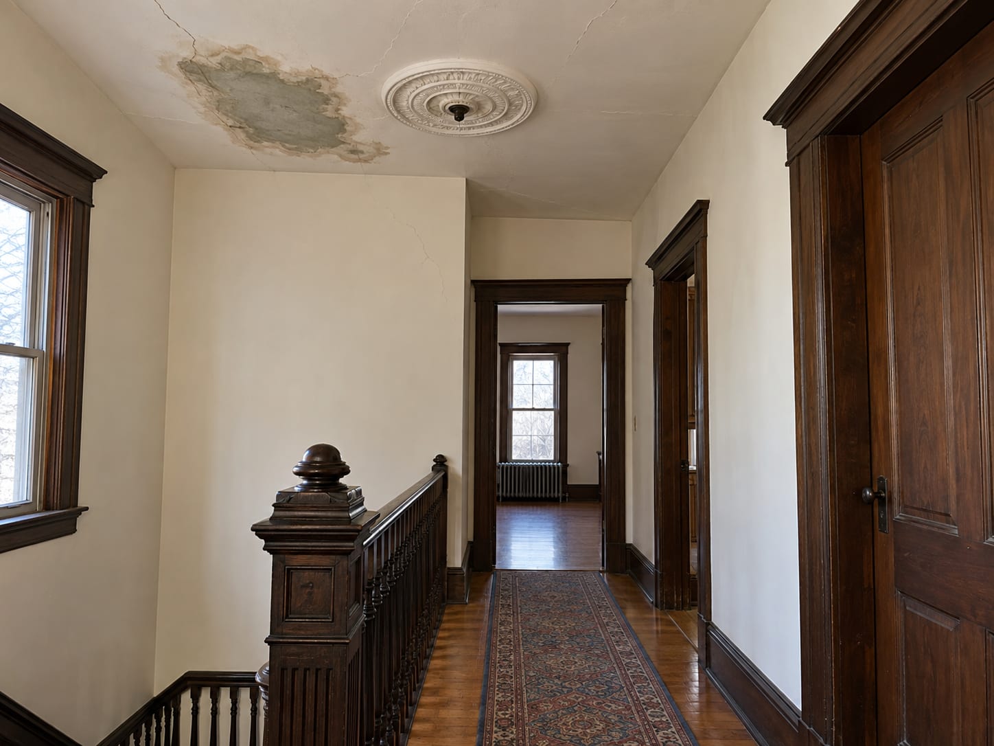 Upstairs hallway in an older Trenton, New Jersey house with a plaster ceiling that has a dark patch about the size of a doormat beside hairline cracks