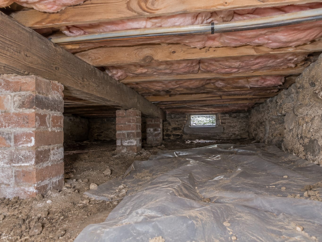 Low crawl space under a rear addition of an older Trenton, New Jersey house with a dirt floor, brick piers and floor joists overhead