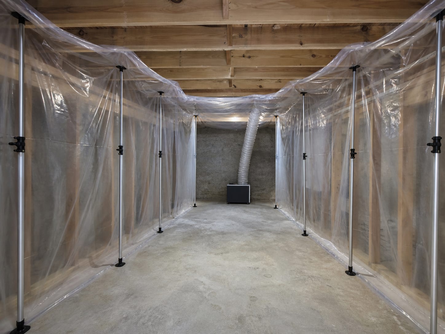 Bare cleaned studs and bottom plate inside a poly sheeting containment, the sheeting drawn inward under negative pressure, in a Warren, New Jersey basement