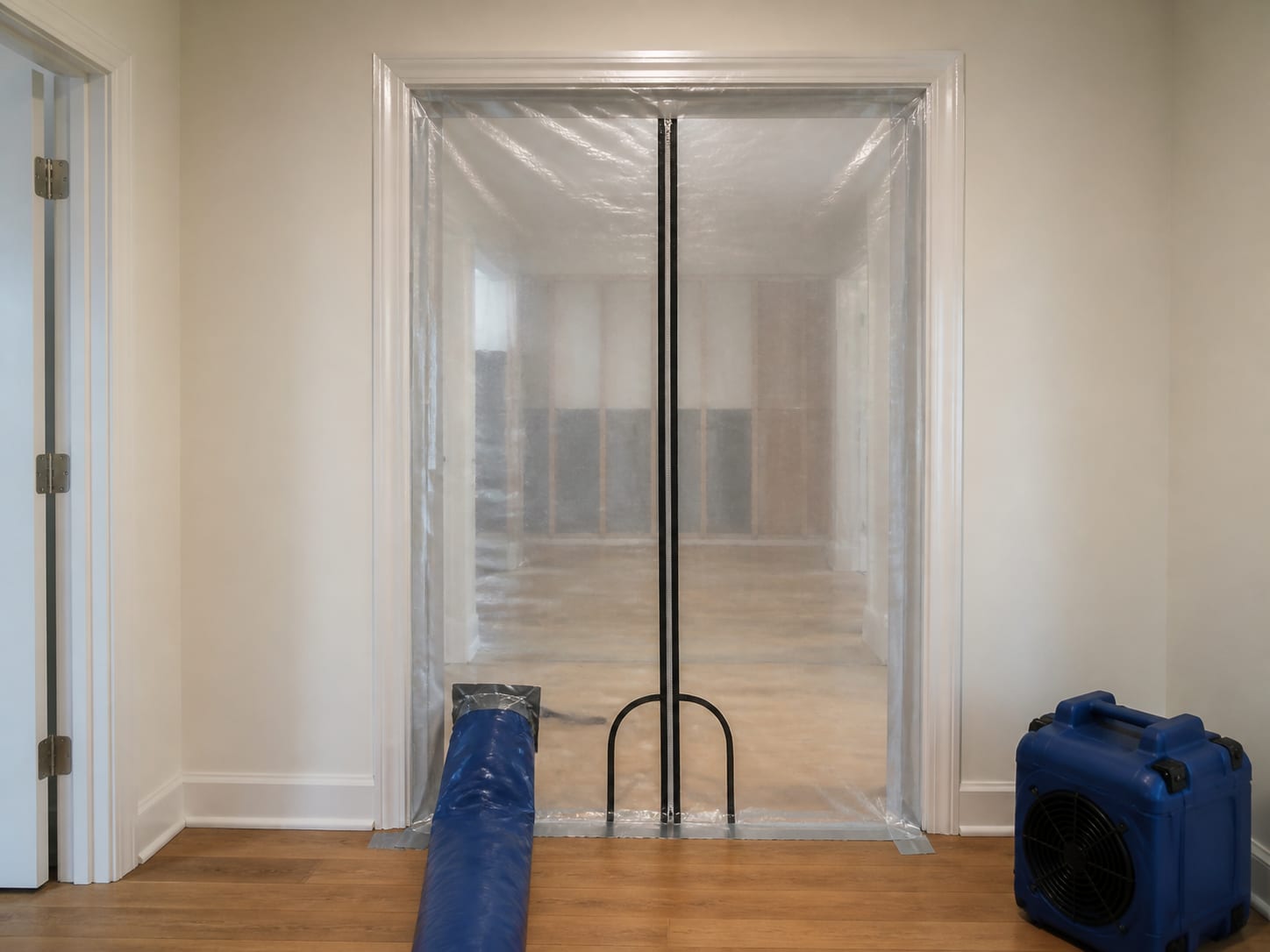 A polyethylene containment barrier with a zippered entry sealing a doorway in a West Windsor, New Jersey townhouse, taped continuously to the frame at every edge