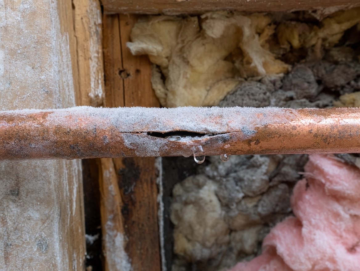A copper water supply pipe frozen and split open in an exterior wall cavity, the freeze-then-burst mechanism