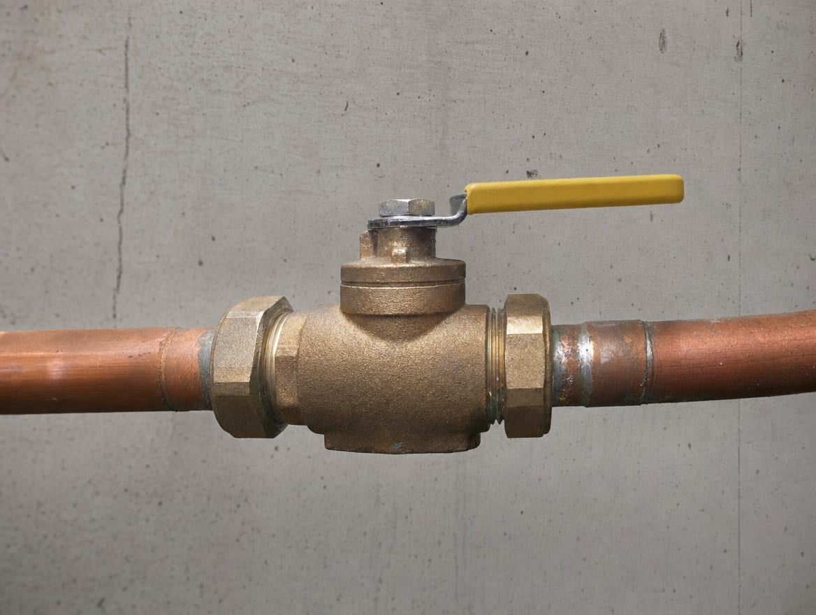 A home's main water shutoff valve on the incoming supply line, the valve that stops a burst-pipe flood