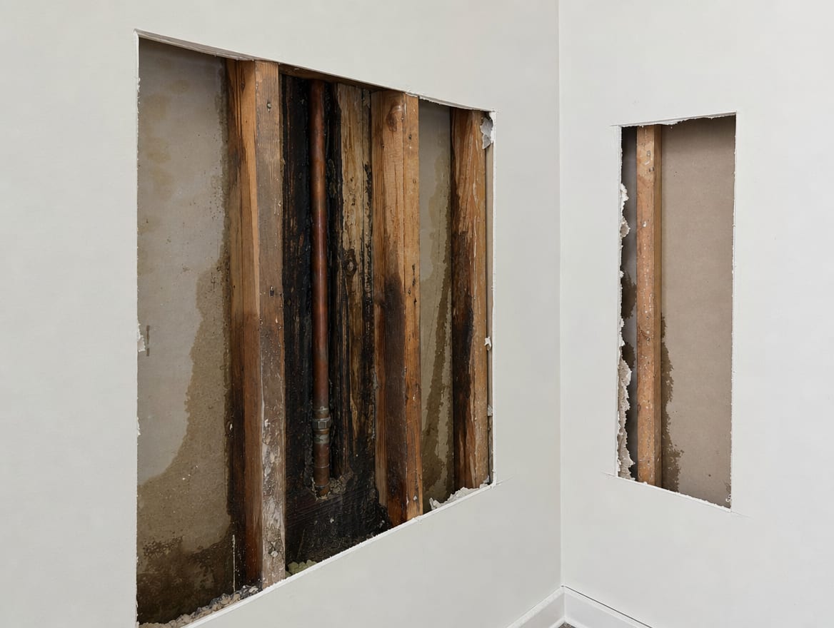 An opened townhouse party wall revealing a burst pipe and wet framing in the shared cavity, reaching a neighbor