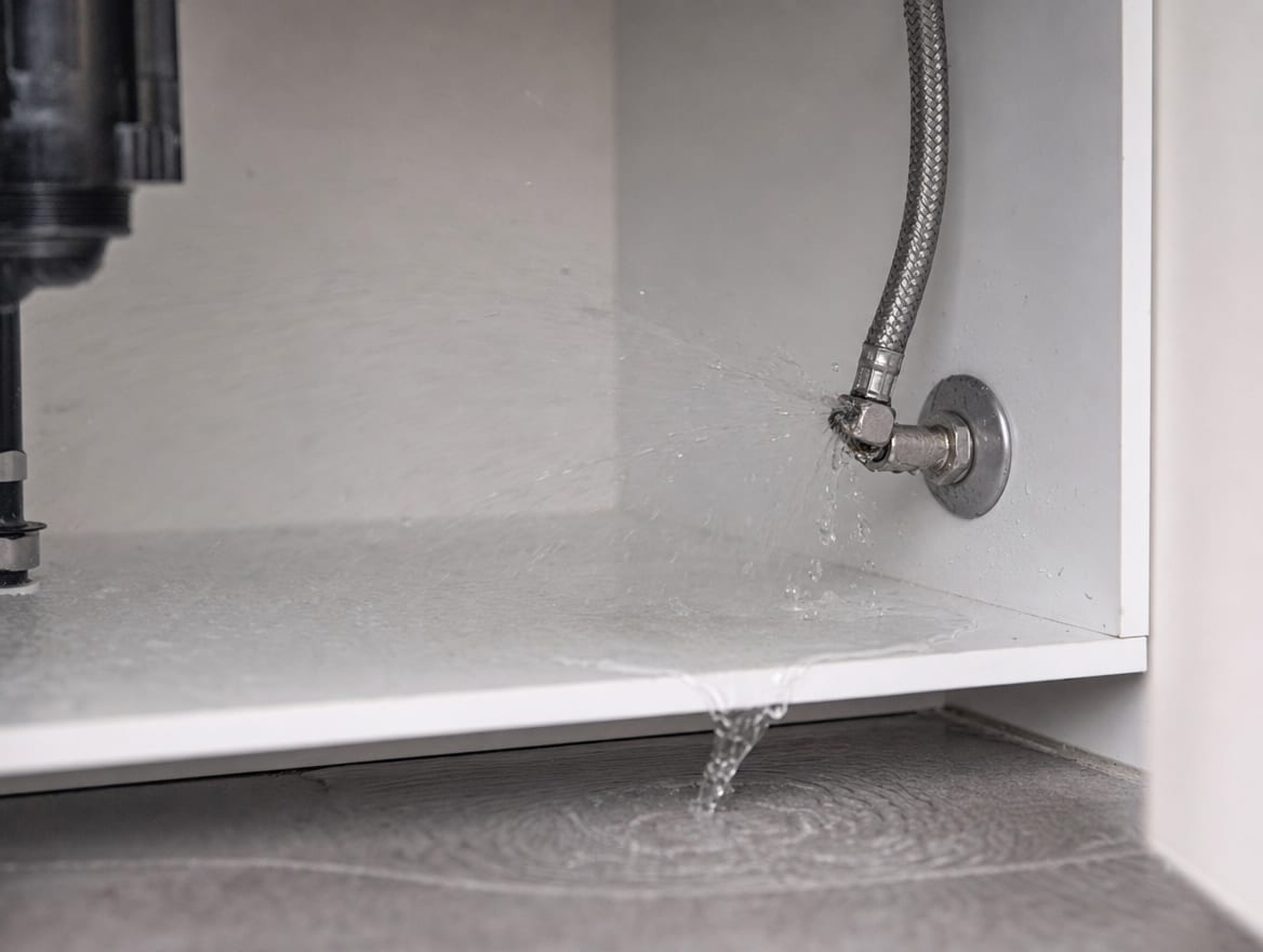 A burst braided supply line and failed fitting spraying water under a modern sink, a common burst-pipe cause
