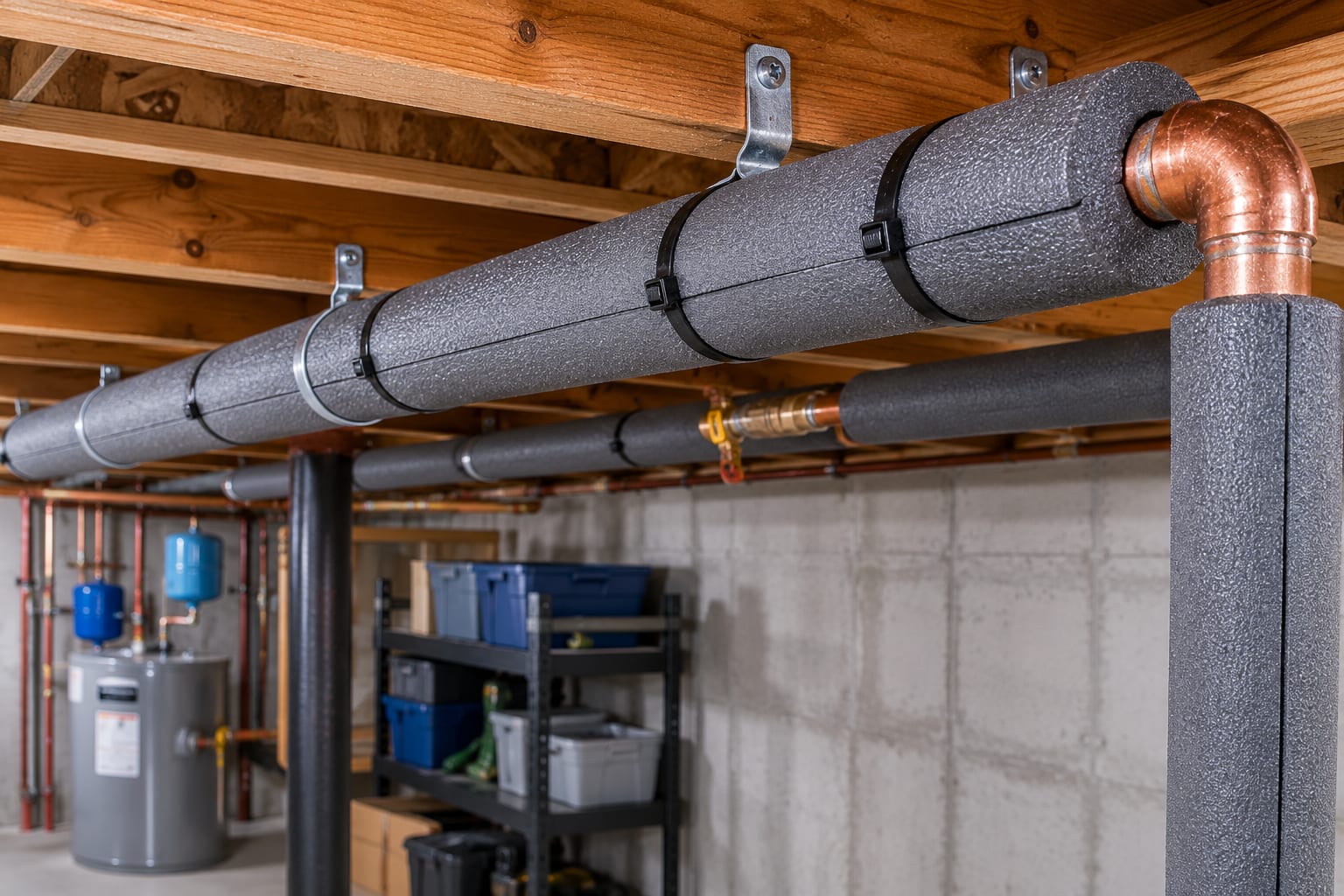 Foam pipe insulation installed on basement water pipes