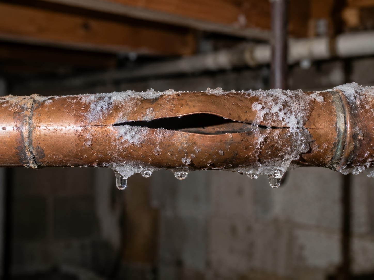 Frozen copper pipe split open in an unheated Princeton basement
