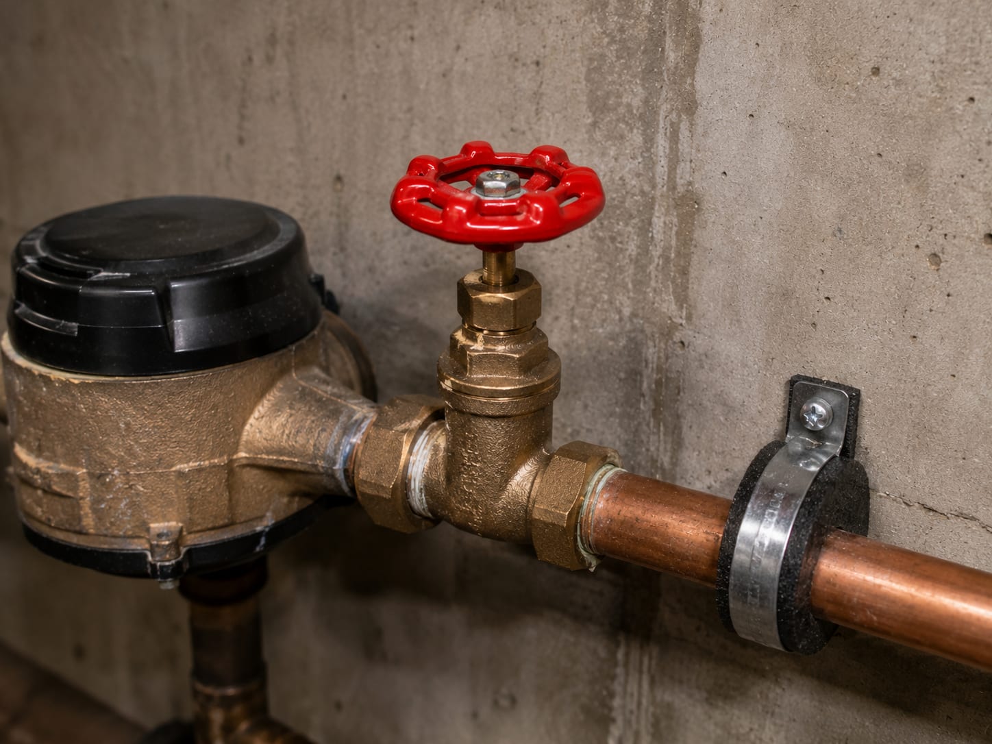 Main water shutoff valve on a basement supply line
