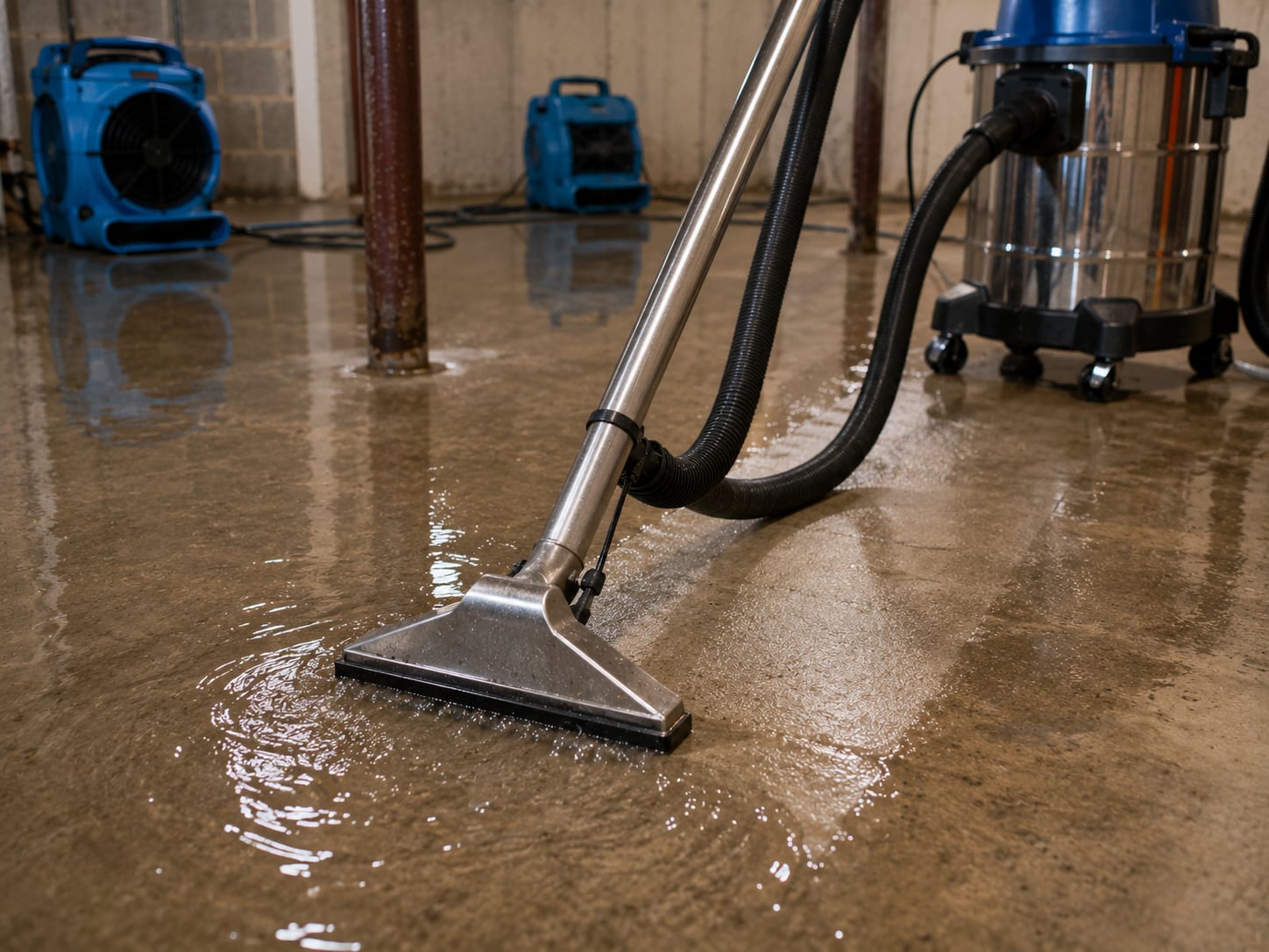 Wet/dry shop vacuum removing standing water from a flooded floor