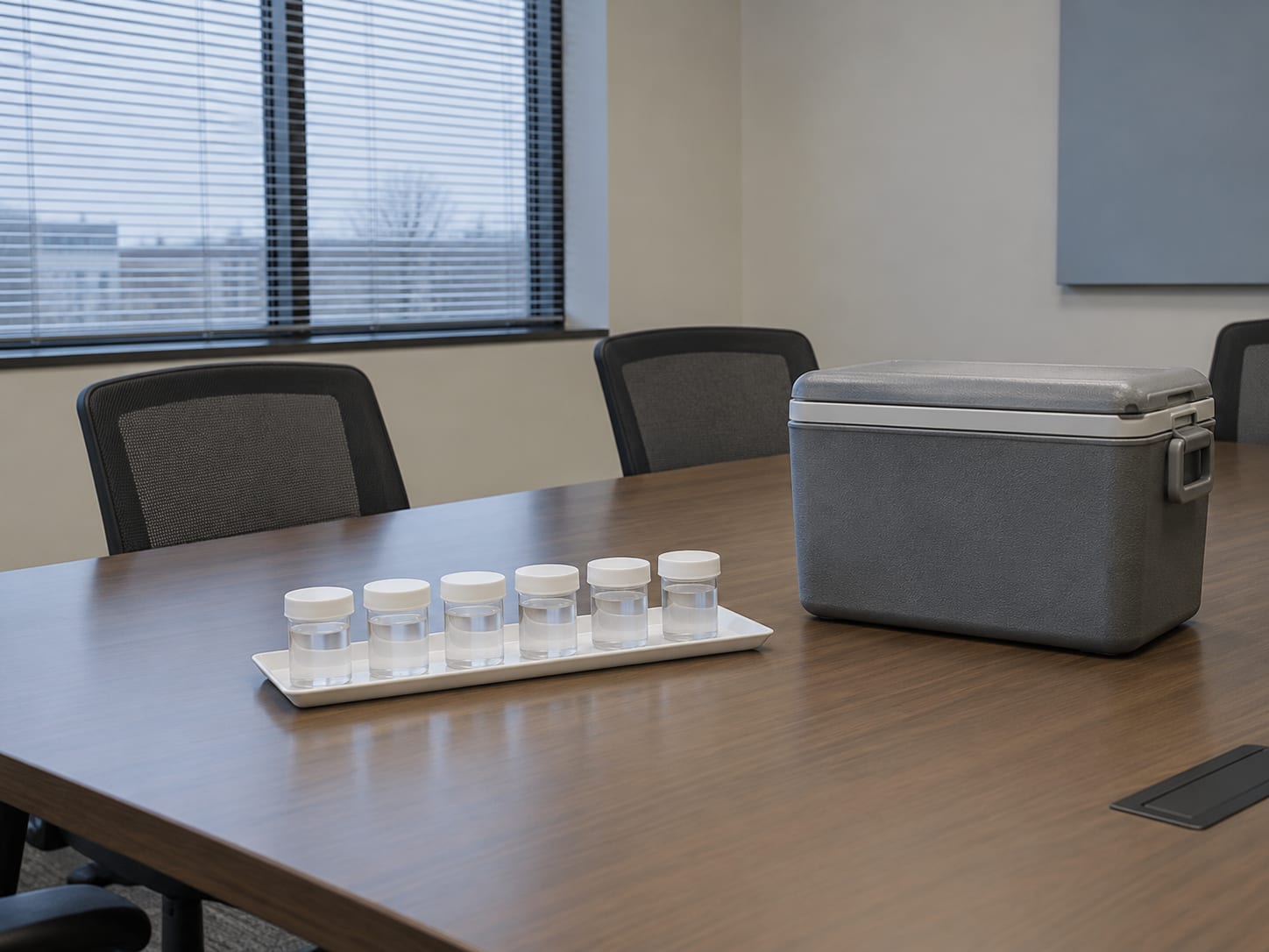 Several small sealed sample containers lined up on a clean New Jersey conference room table beside a closed hard-sided cooler