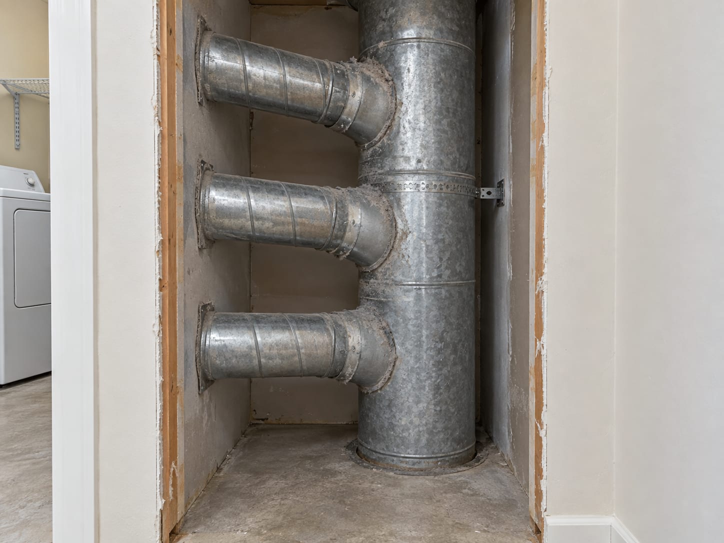 An open service chase in a Bridgewater, New Jersey apartment building corridor, with a vertical galvanized dryer exhaust riser and branch ducts from the laundry room wall