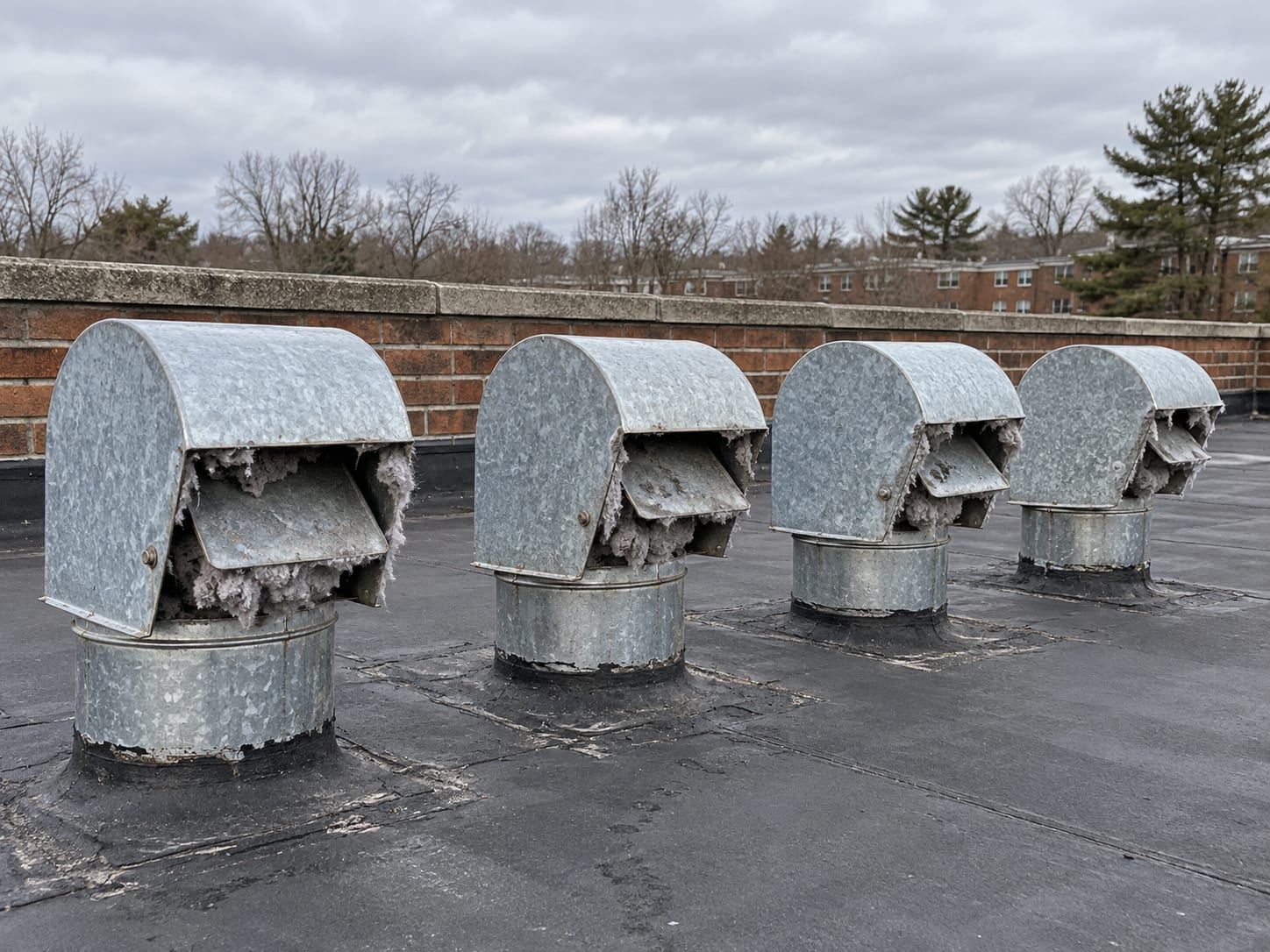 Several metal dryer exhaust roof caps on the flat roof of a Bridgewater, New Jersey apartment building, with grey lint clogging the dampers