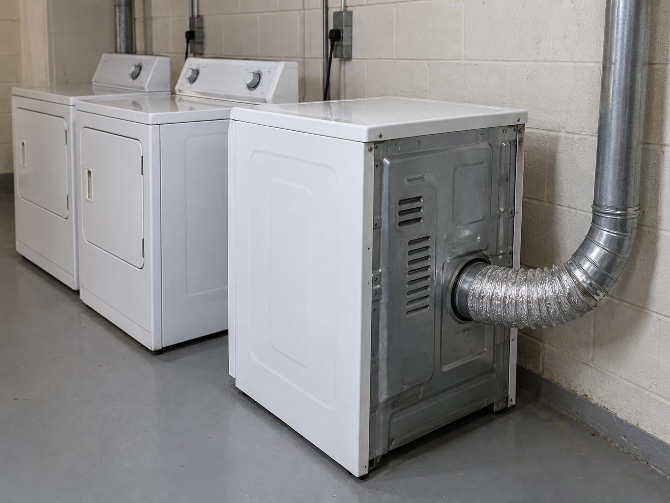 A dryer in a Trenton, New Jersey apartment building laundry room pulled forward from the wall, showing the connector and rigid exhaust duct behind it