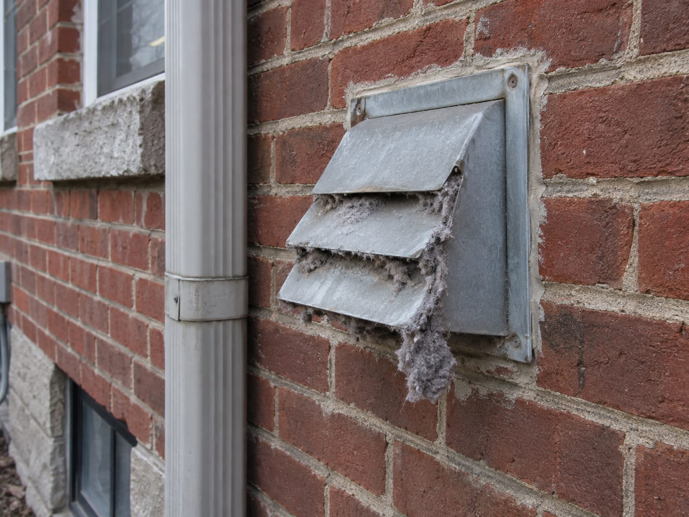 The exterior vent hood of a dryer exhaust on a brick wall of a Trenton, New Jersey rowhouse building, with lint stuck around the louvers