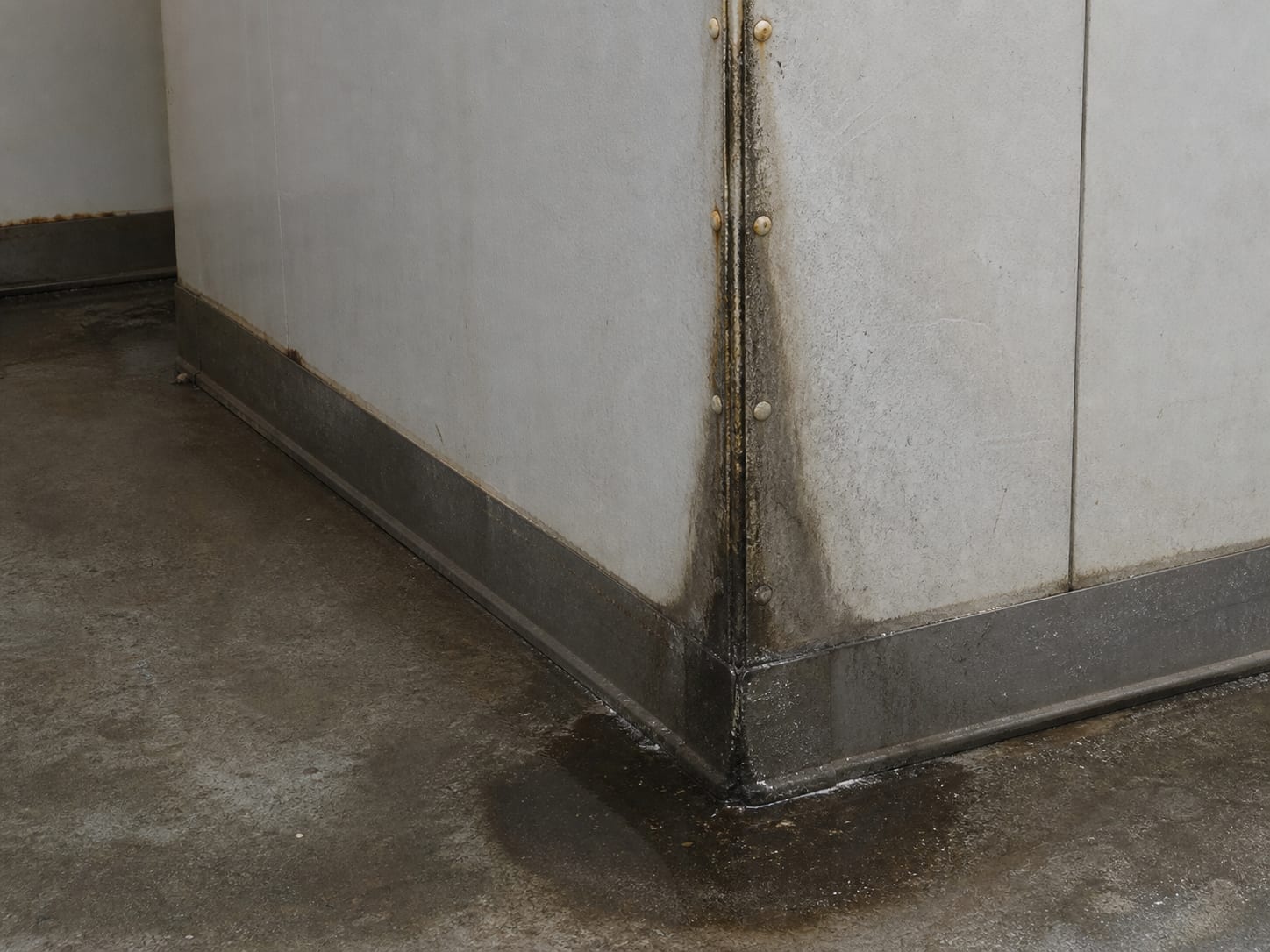 The external corner of an insulated cold room where the panel joint has sweated, with a dark wet trail running down the panel face and the floor below darkened, in Alpine, New Jersey