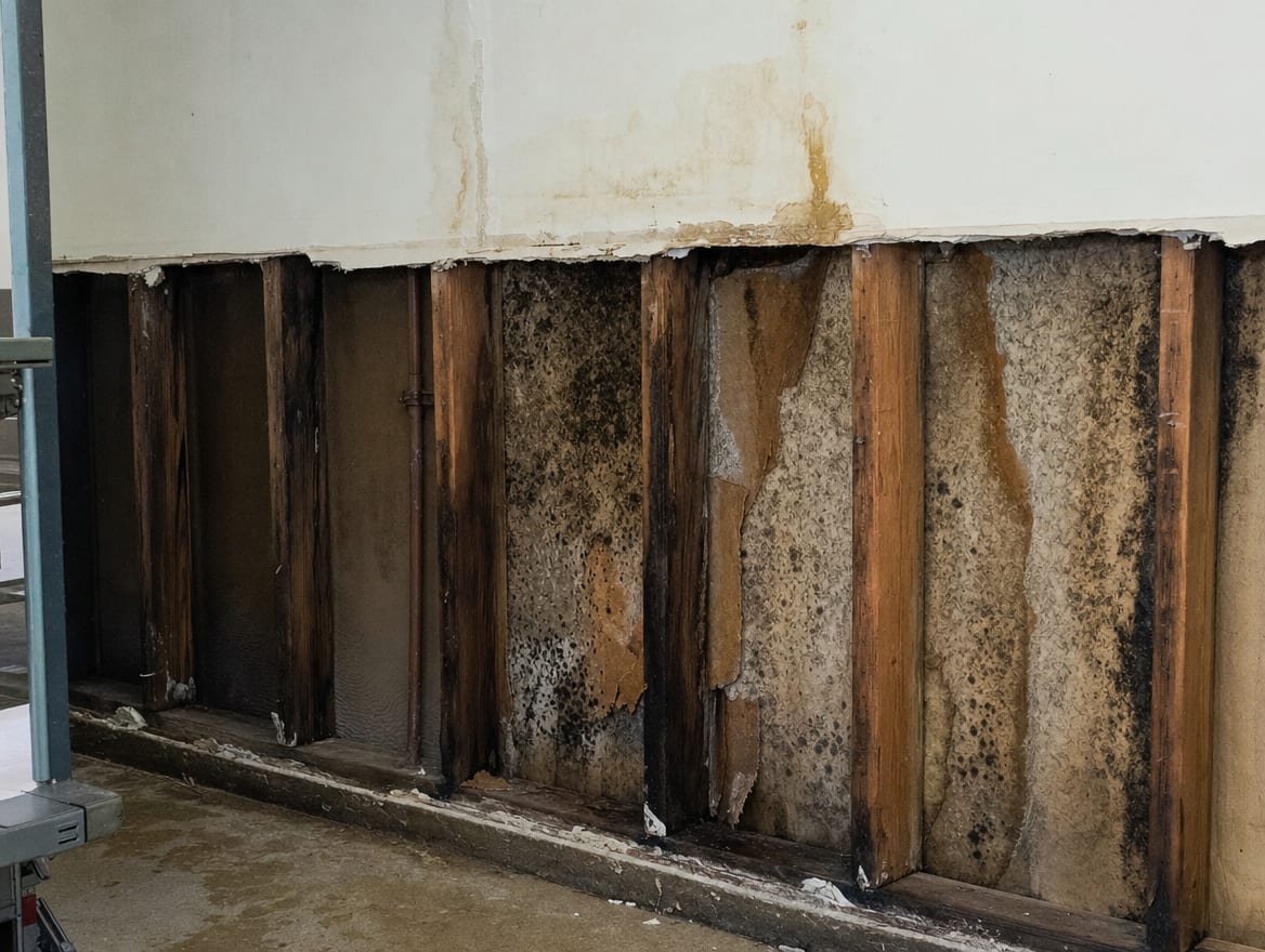 Dark mold on the framing behind a removed section of wall in the back-of-house of a Deal commercial building, the hidden source found during the pre-opening inspection