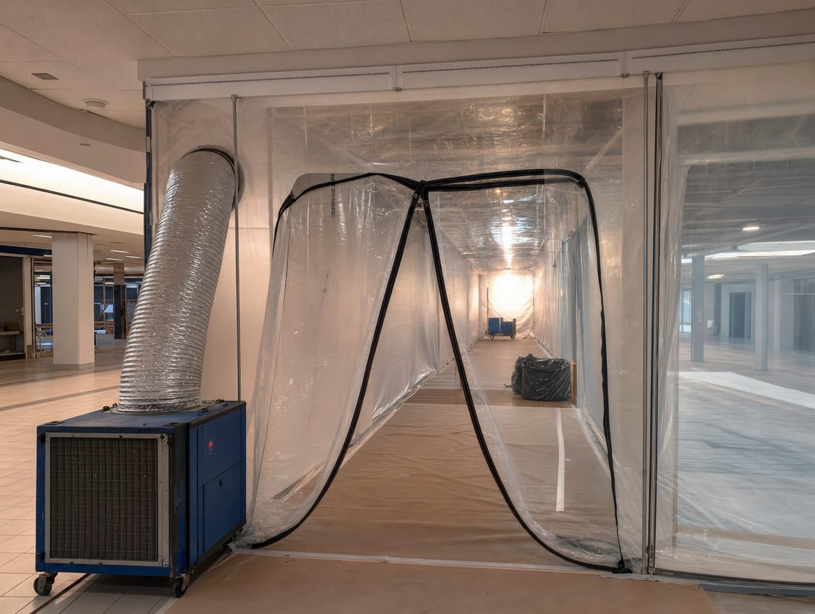 A zippered poly containment doorway and a HEPA negative-air machine set up in a Deal commercial interior so one zone is worked while the rest stays usable