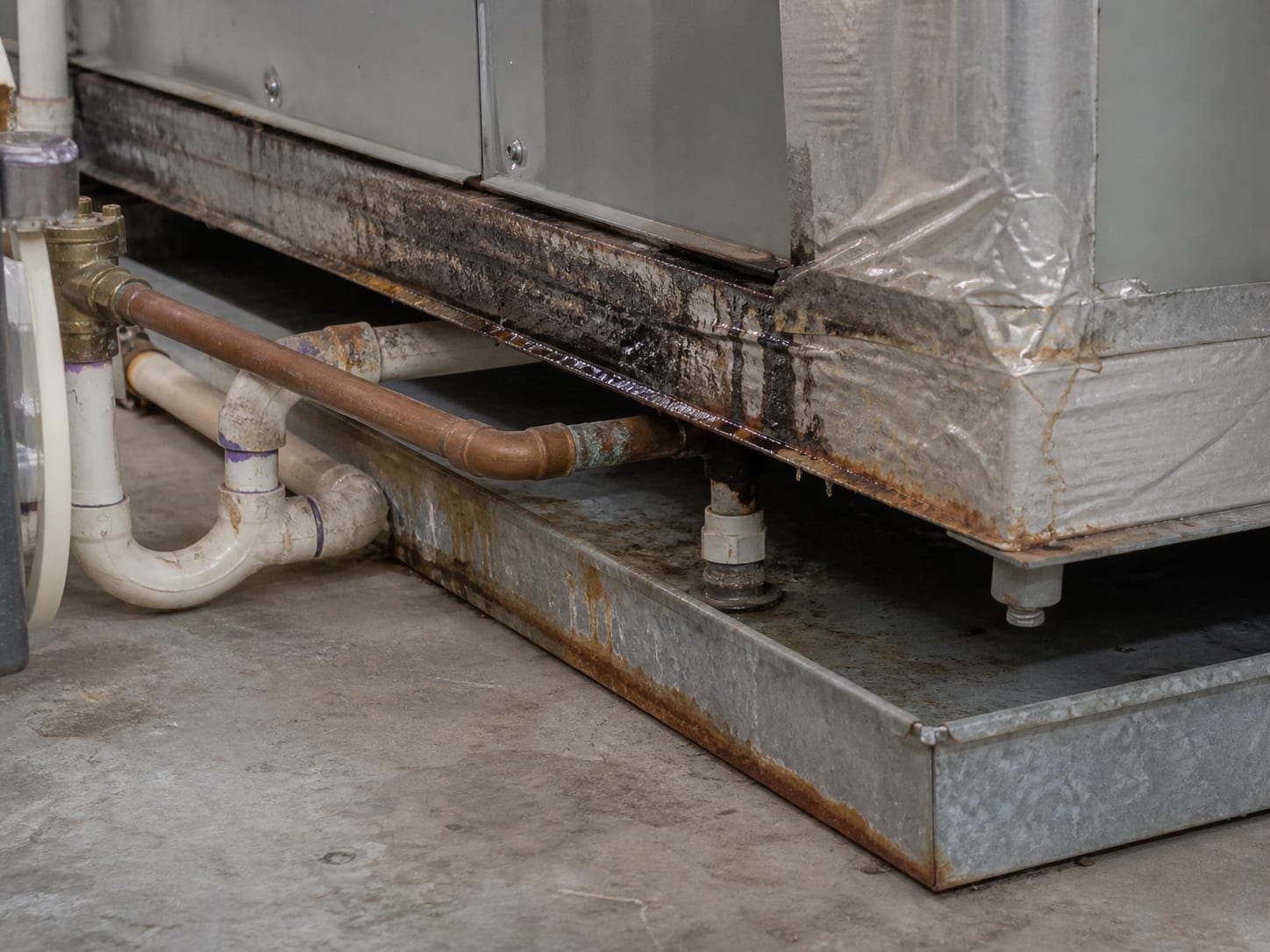 A close view of a rust stained condensate drain pan beneath a commercial air handler, with water standing at one corner and darkened duct insulation above it