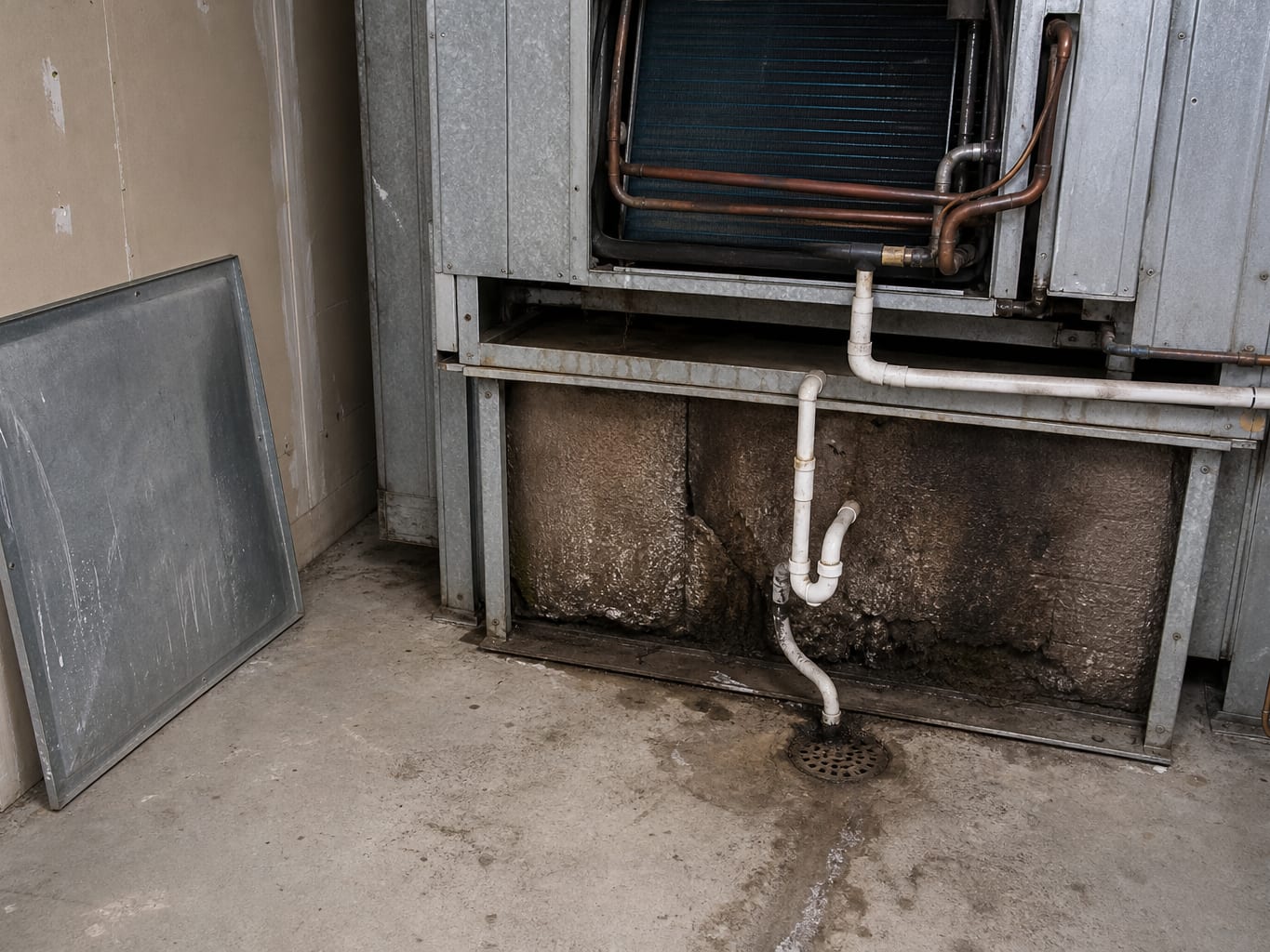 A wider view of a small commercial mechanical closet with the air handler access panel off, exposing the condensate pan and drain line so the shared water source can be traced