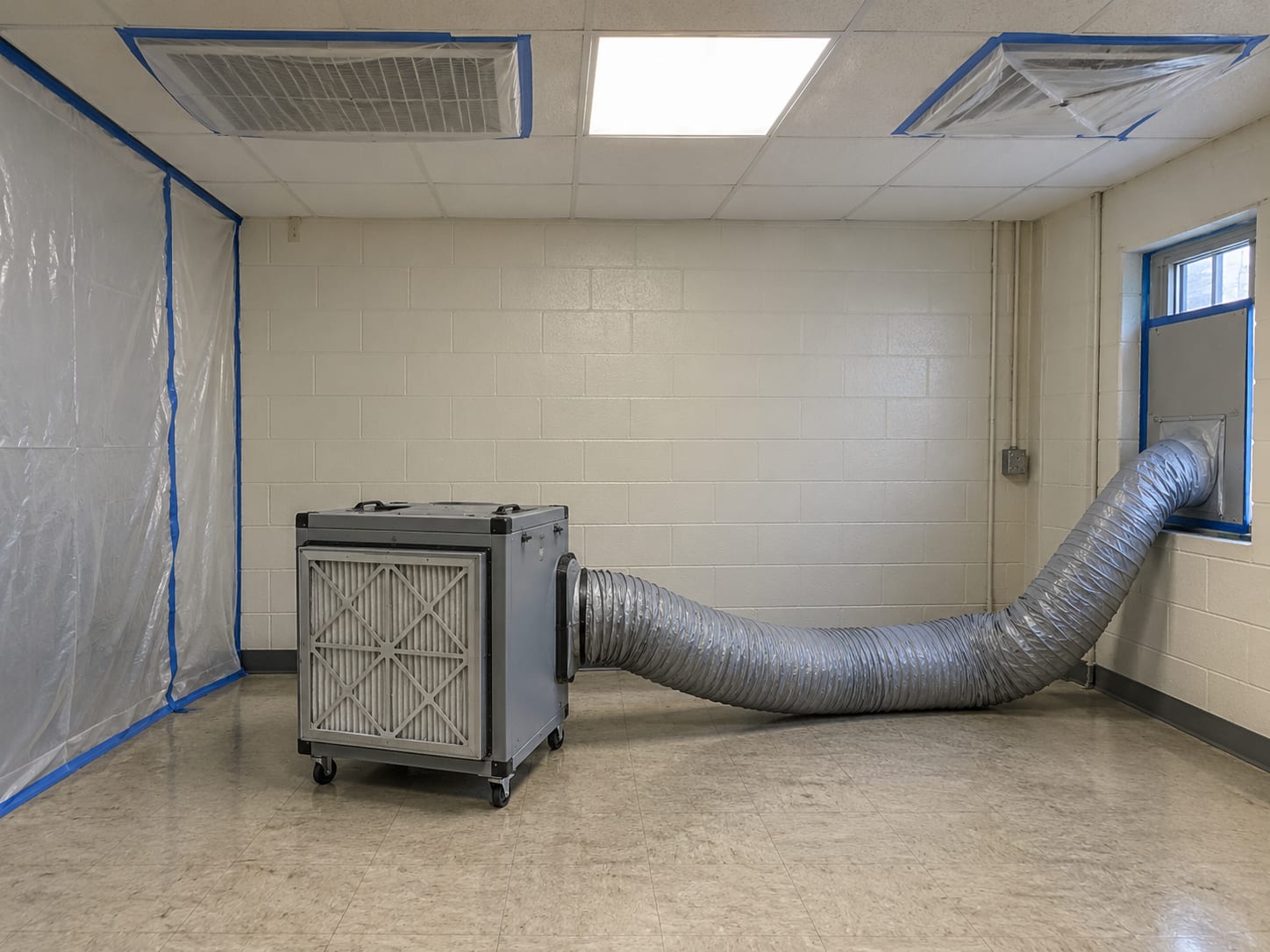 A commercial mechanical room in New Jersey with a ceiling return grille sealed in polyethylene and tape, and a HEPA air scrubber ducted out through a temporary window panel
