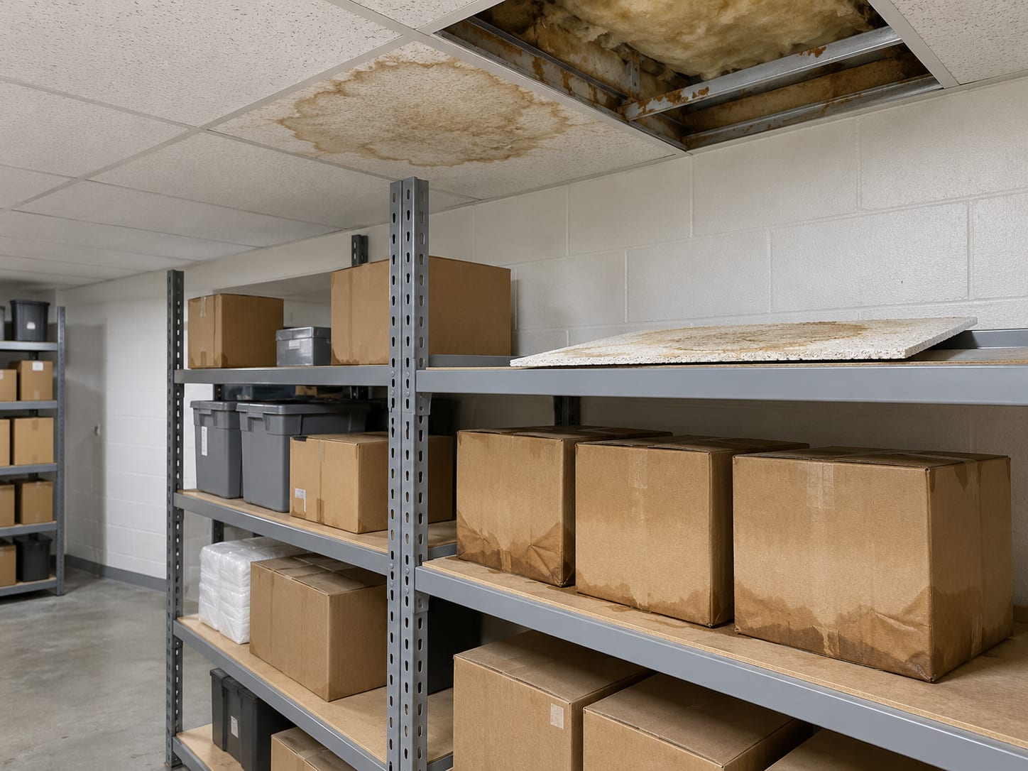 A tidy commercial stockroom in New Jersey with a stained ceiling section above shelving, damaged cartons kept in place and one removed stained ceiling tile set on a shelf