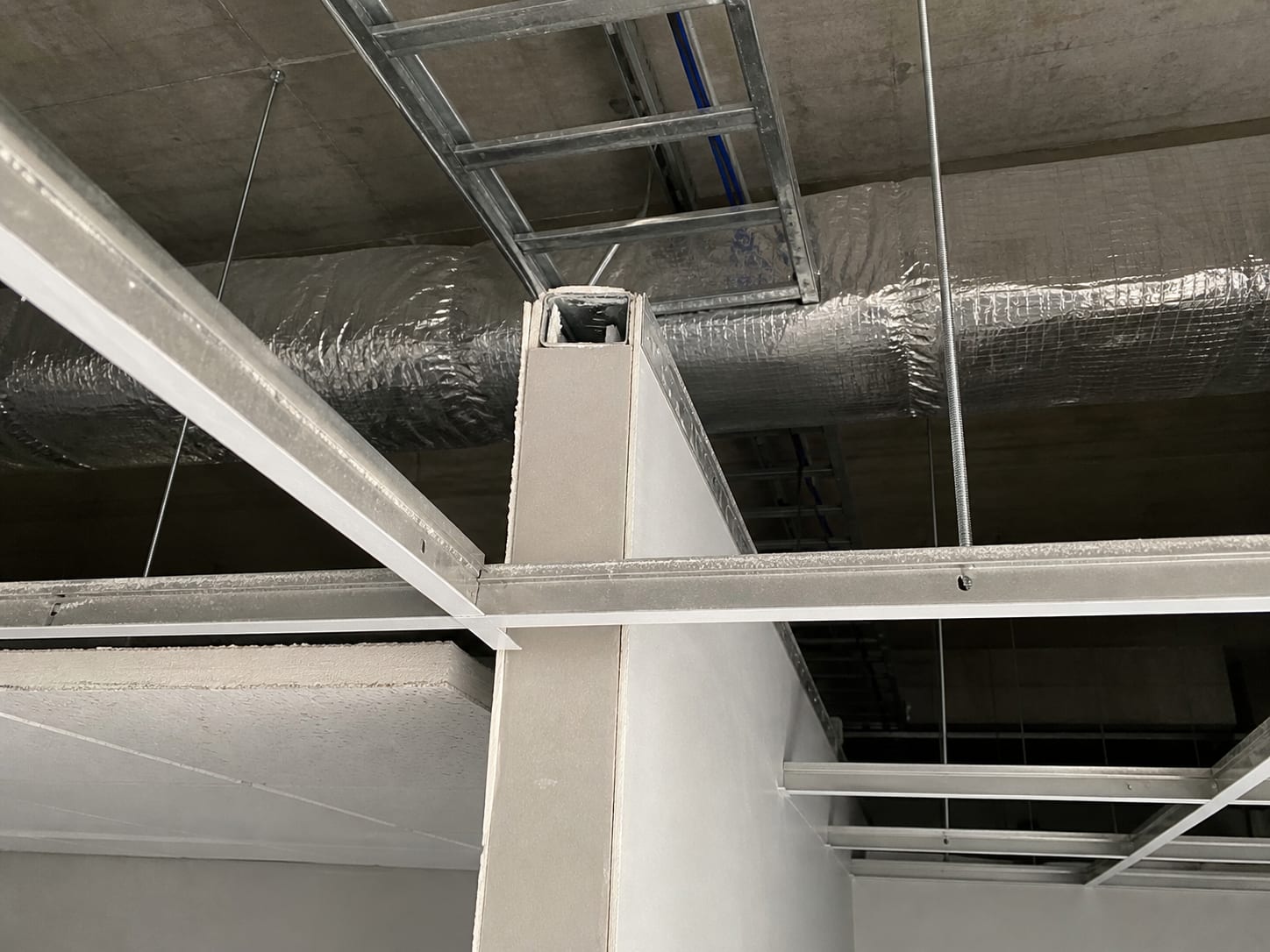 Ceiling tiles lifted out on both sides of an office demising partition, showing the partition stopping at the ceiling grid with open plenum, ductwork and cable tray continuing over the top of it, in Plainsboro, New Jersey