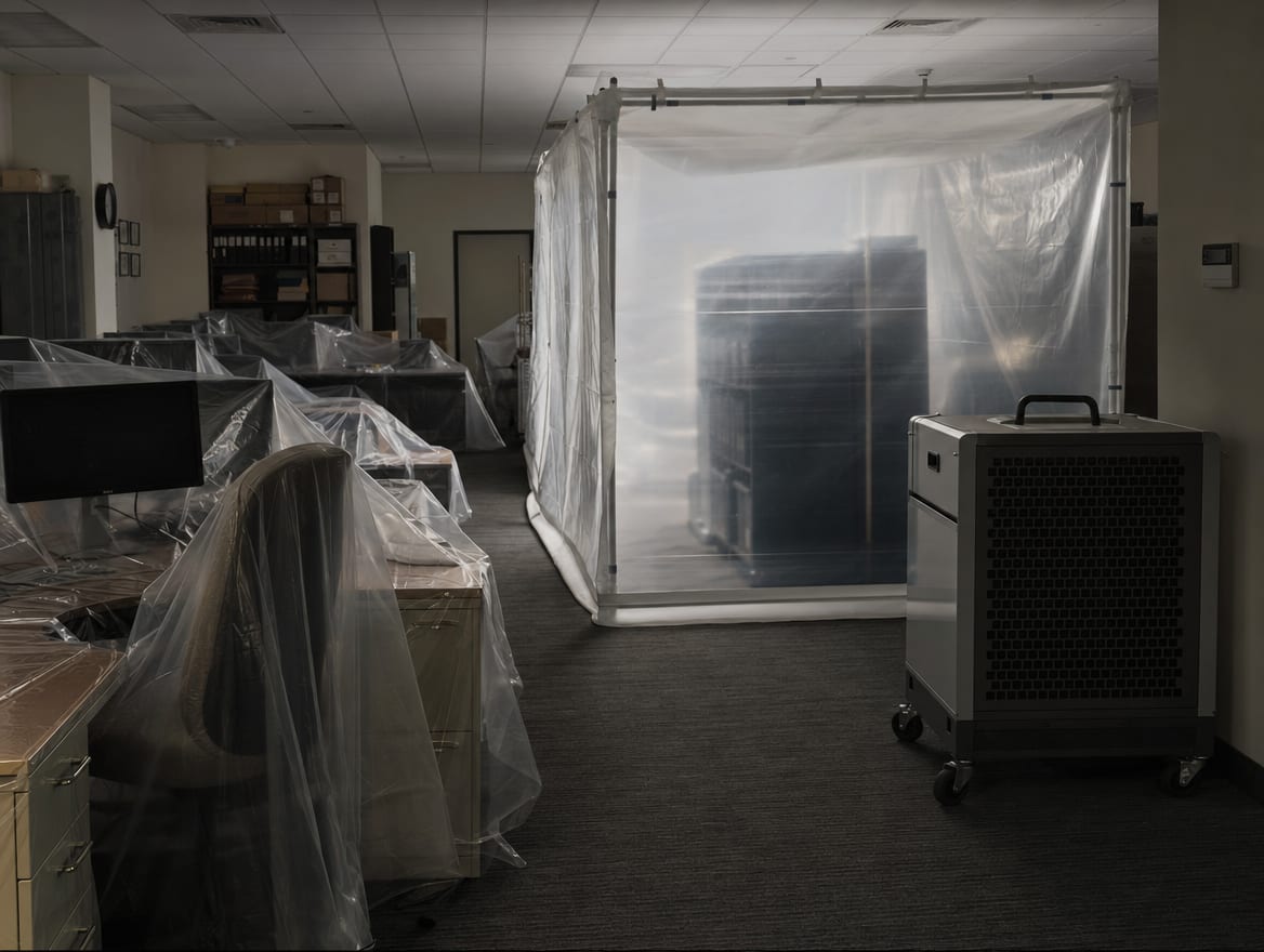 A HEPA-filtered containment zone in a Princeton Junction office with equipment and records shielded under protective covering during after-hours remediation