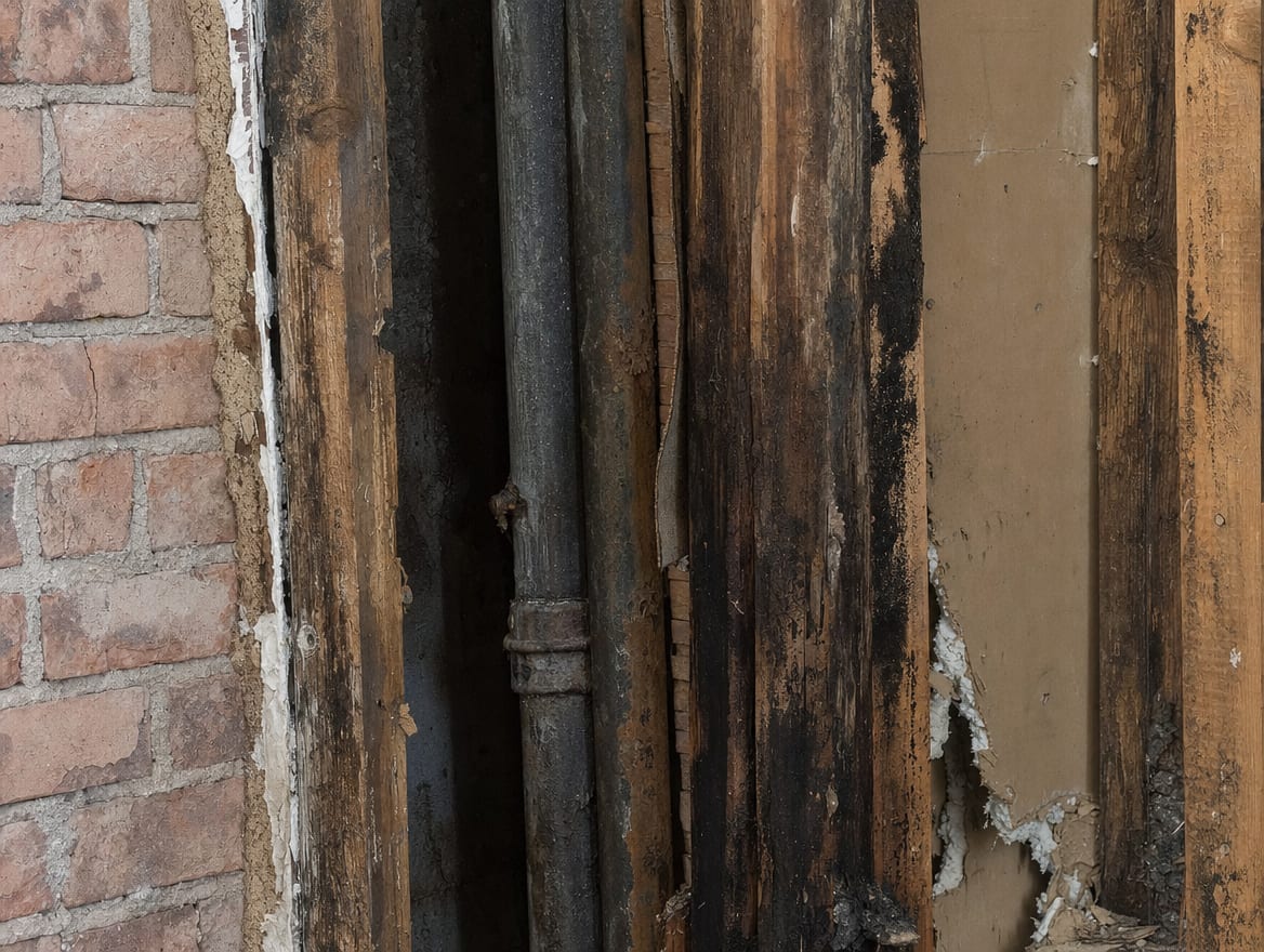 Dark mold inside an opened shared vertical chase in a historic Princeton mixed-use building, where moisture traveled between the storefront and the units above