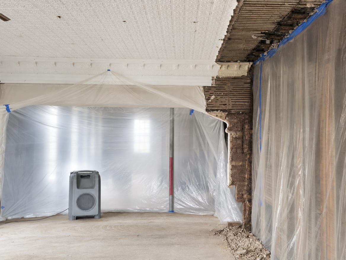 Protective covering over a pressed-tin ceiling and plaster while a contained HEPA-filtered work area operates in a historic Princeton storefront