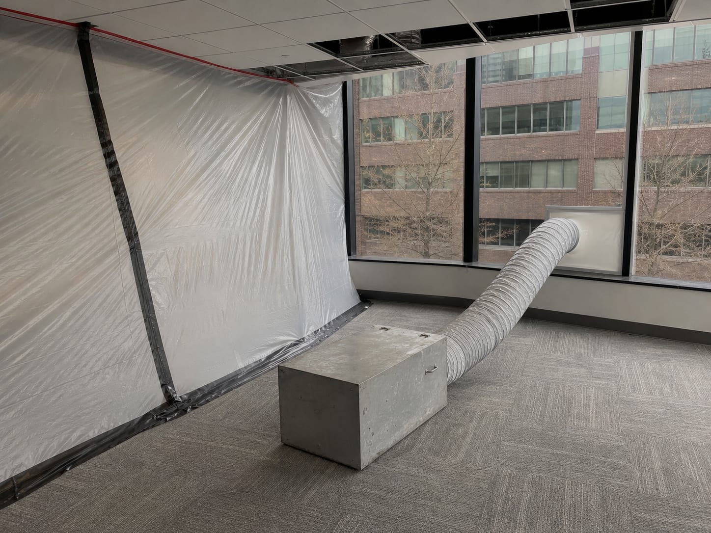 A negative air machine standing inside a poly containment with flexible ducting run to a partly opened window in a commercial office, in Warren, New Jersey