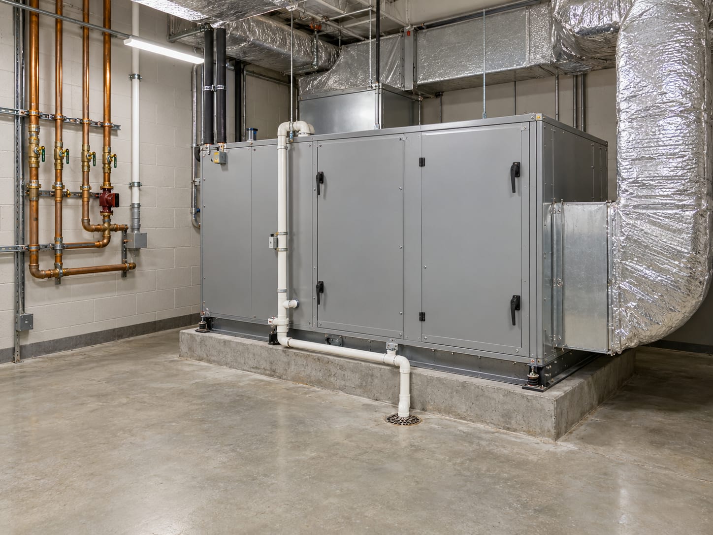 A commercial building mechanical room in New Jersey with a large air handler, a condensate drain line running to a floor drain and a sealed concrete floor