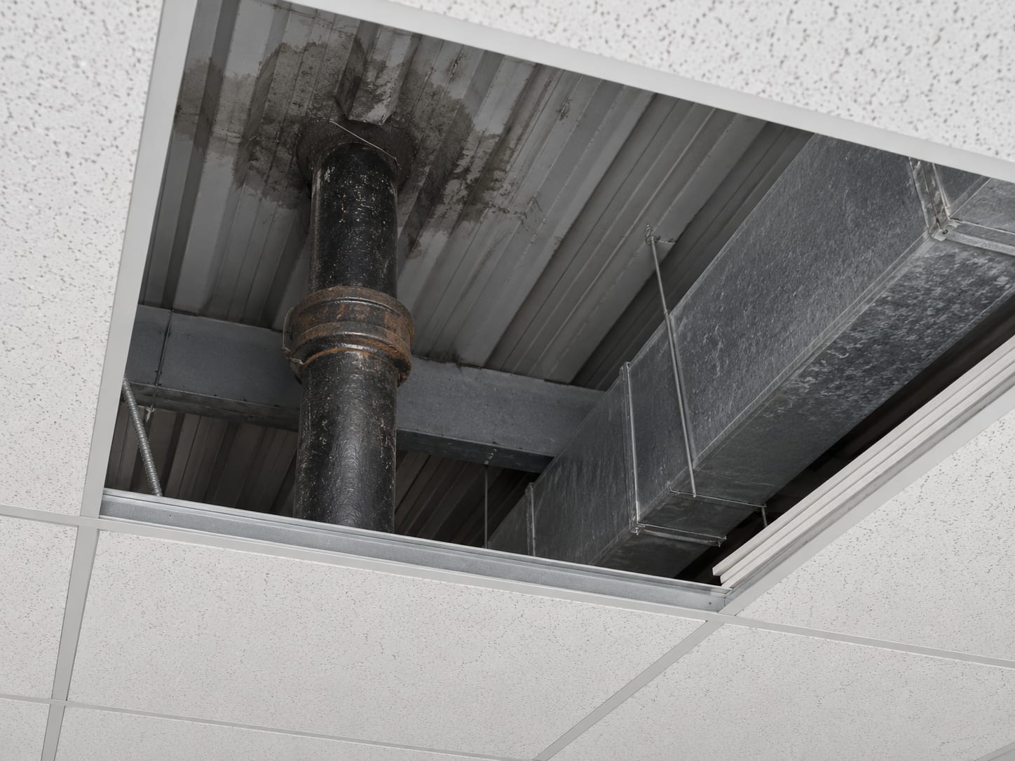 The space above a commercial suspended ceiling in New Jersey with two tiles removed, showing a cast iron roof drain pipe and damp staining on the roof deck above