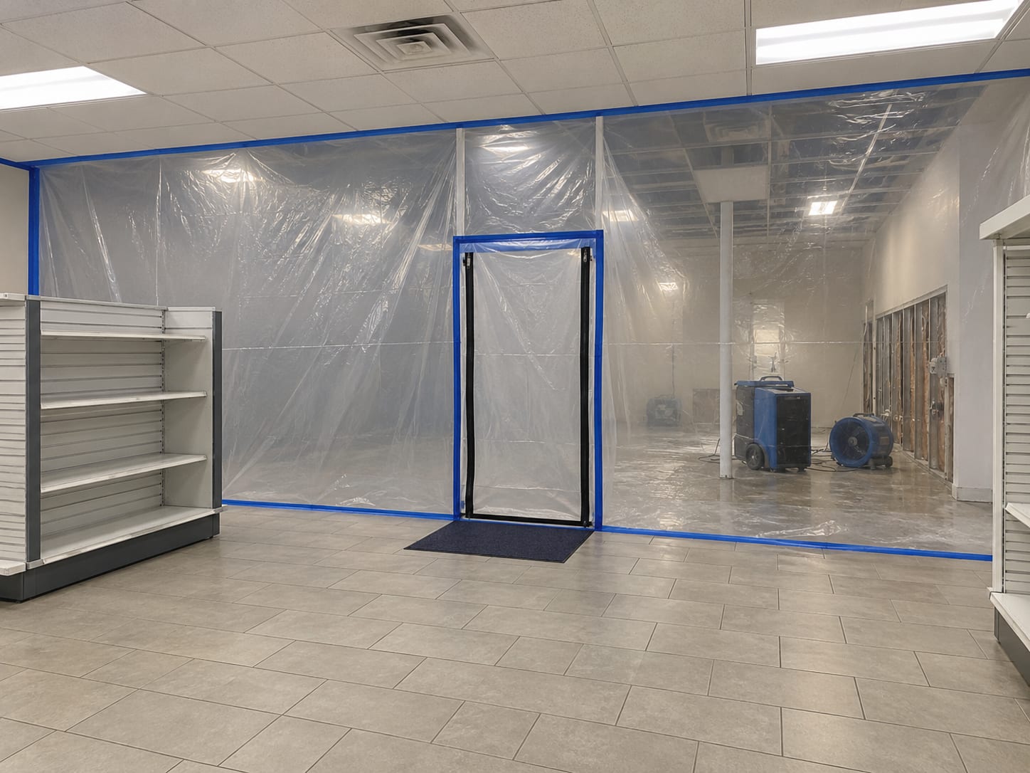 The inside of a New Jersey retail unit with a floor-to-ceiling plastic sheeting barrier with a zipper door separating a dry open sales area from a work area behind it