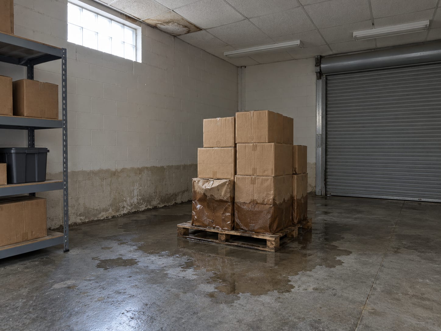 A New Jersey commercial stockroom with a wet wooden pallet of cartons on the concrete floor, a water line on the block wall and a stained ceiling tile above
