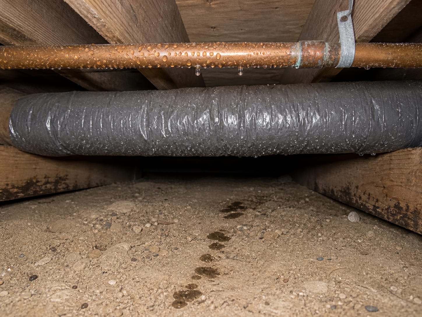 Copper piping and an insulated duct running between crawl space joists with beaded condensation on the cold surfaces and dark drip marks on the soil directly beneath, in Alpine, New Jersey