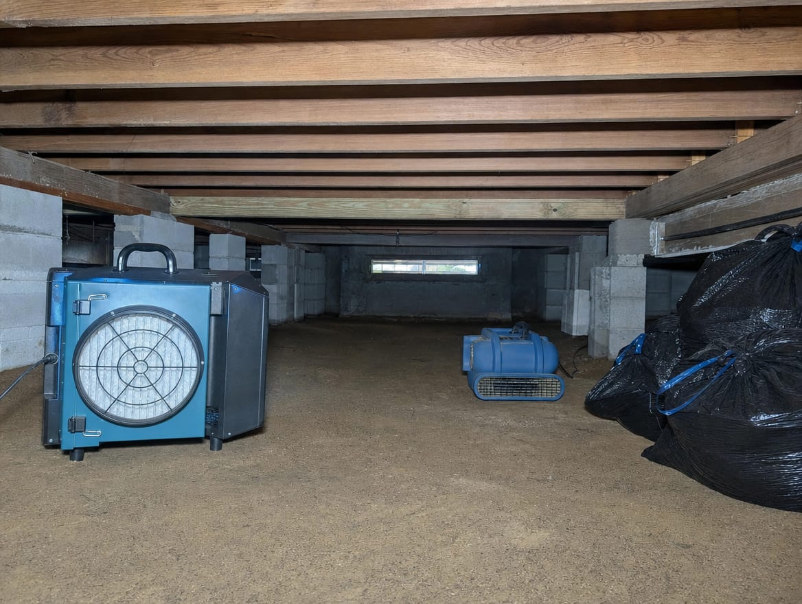 A contained Deal crawl space mid-remediation, contaminated material removed and bagged, a HEPA air scrubber and an air mover drying the exposed joists and soil