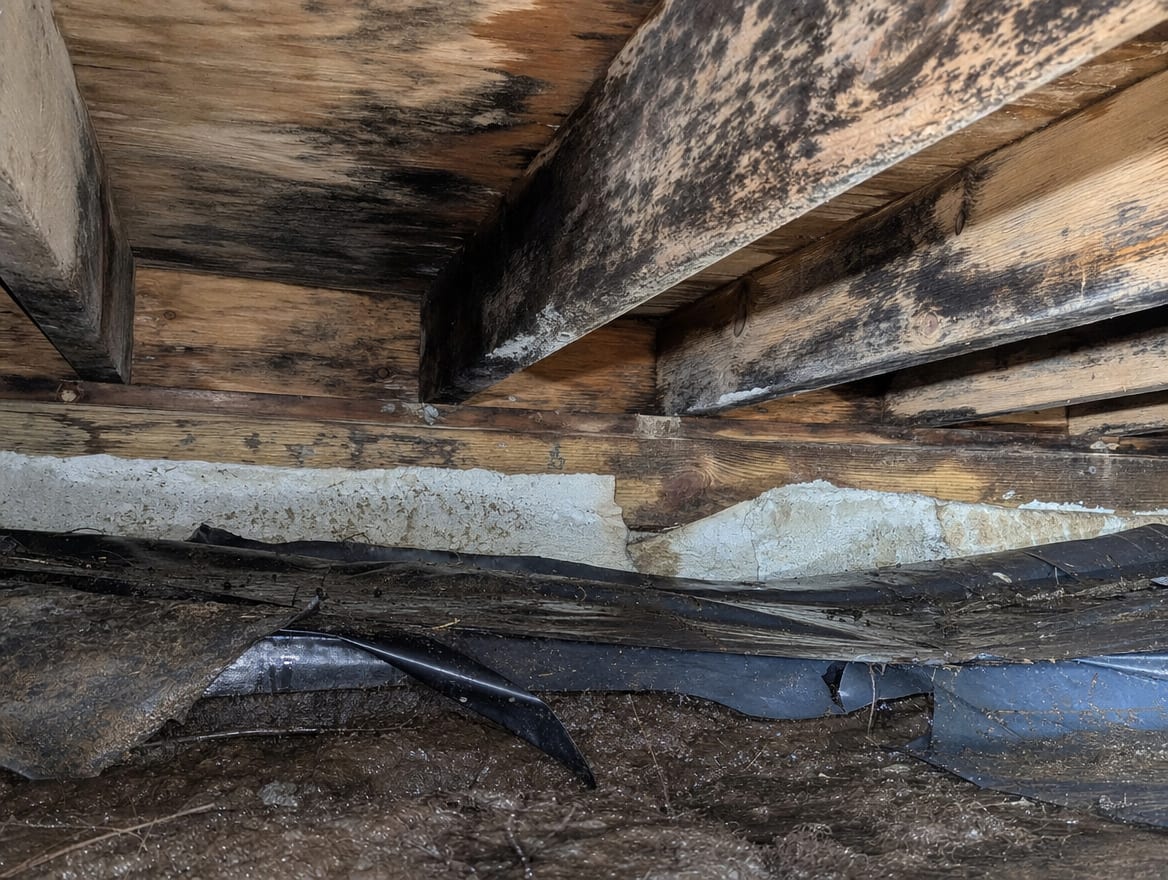 A close view of dark mold on the wood floor joists and subfloor of a Deal crawl space above a torn, failed vapor barrier and damp soil