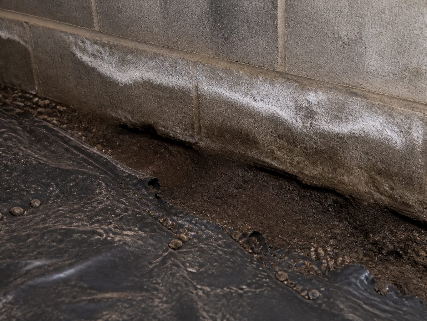 A close view in a Livingston crawl space where the ground vapor barrier is torn and stops short of the block foundation wall, leaving damp soil exposed, with white efflorescence crusting the masonry above
