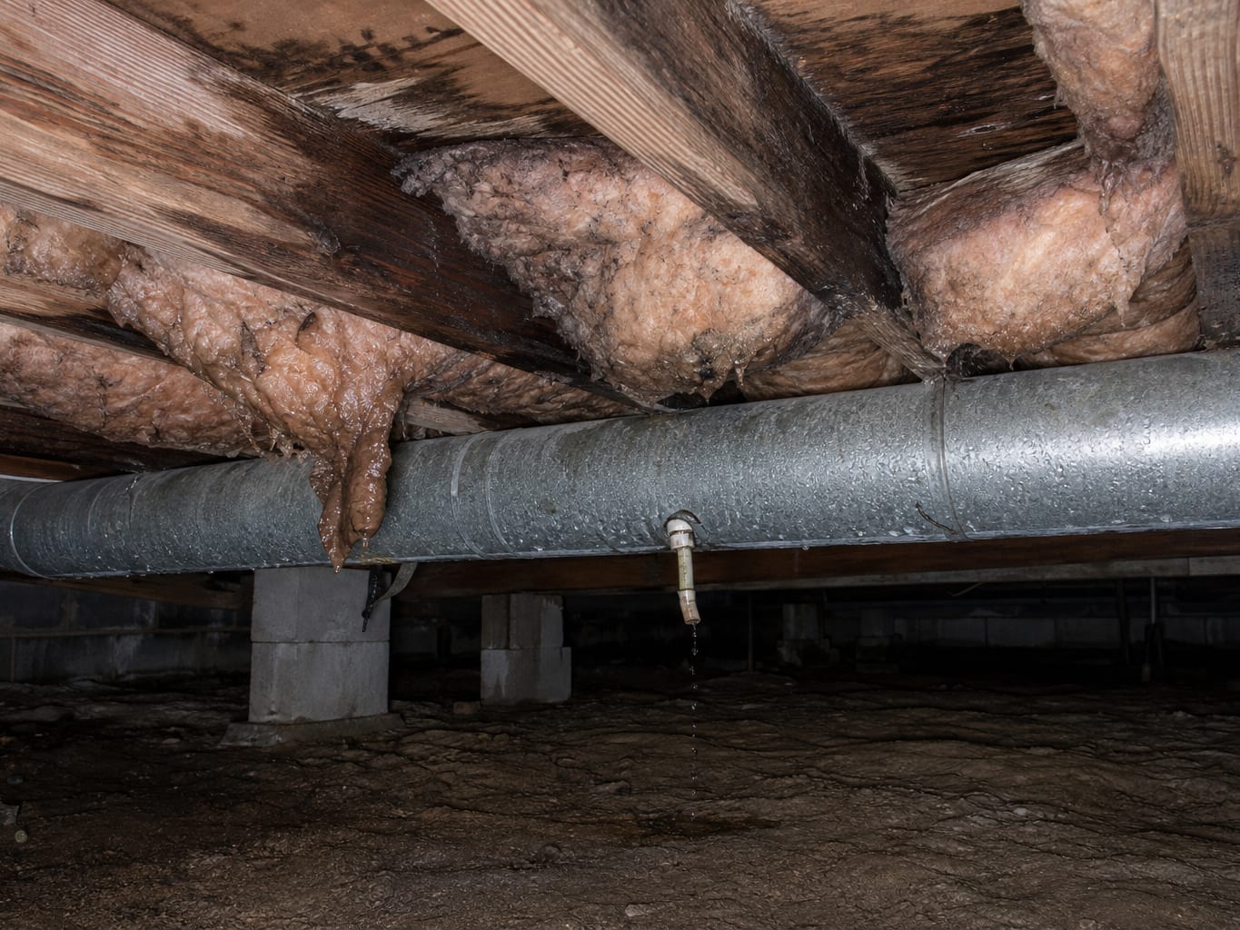 A wider view along the joist bays of a Livingston crawl space where soaked fiberglass insulation sags away from the subfloor beside a sweating metal duct and a condensate line that has come loose