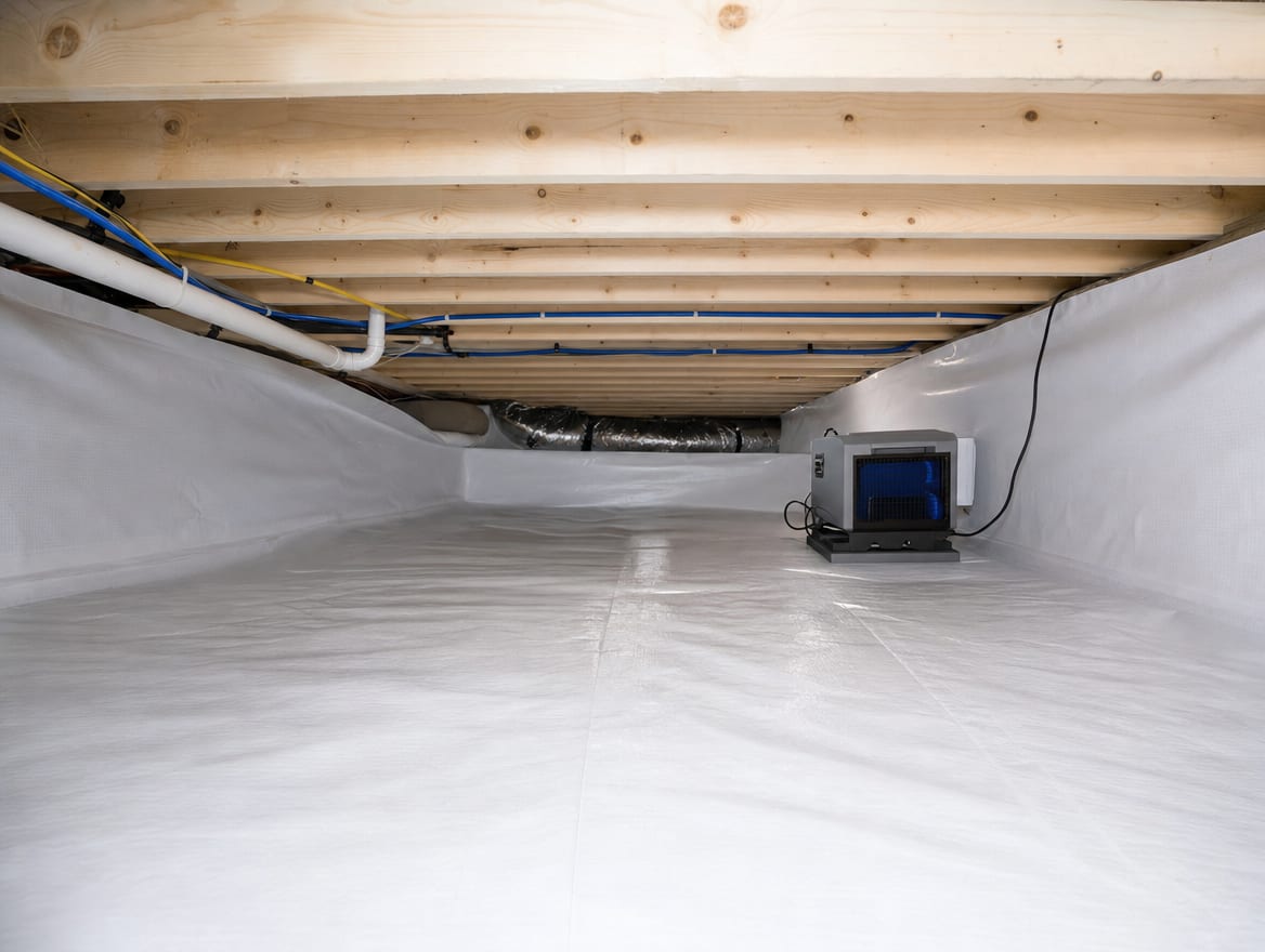 A remediated Princeton Junction crawl space sealed with a new white vapor barrier over the soil and up the walls, a low-profile crawl-space dehumidifier running