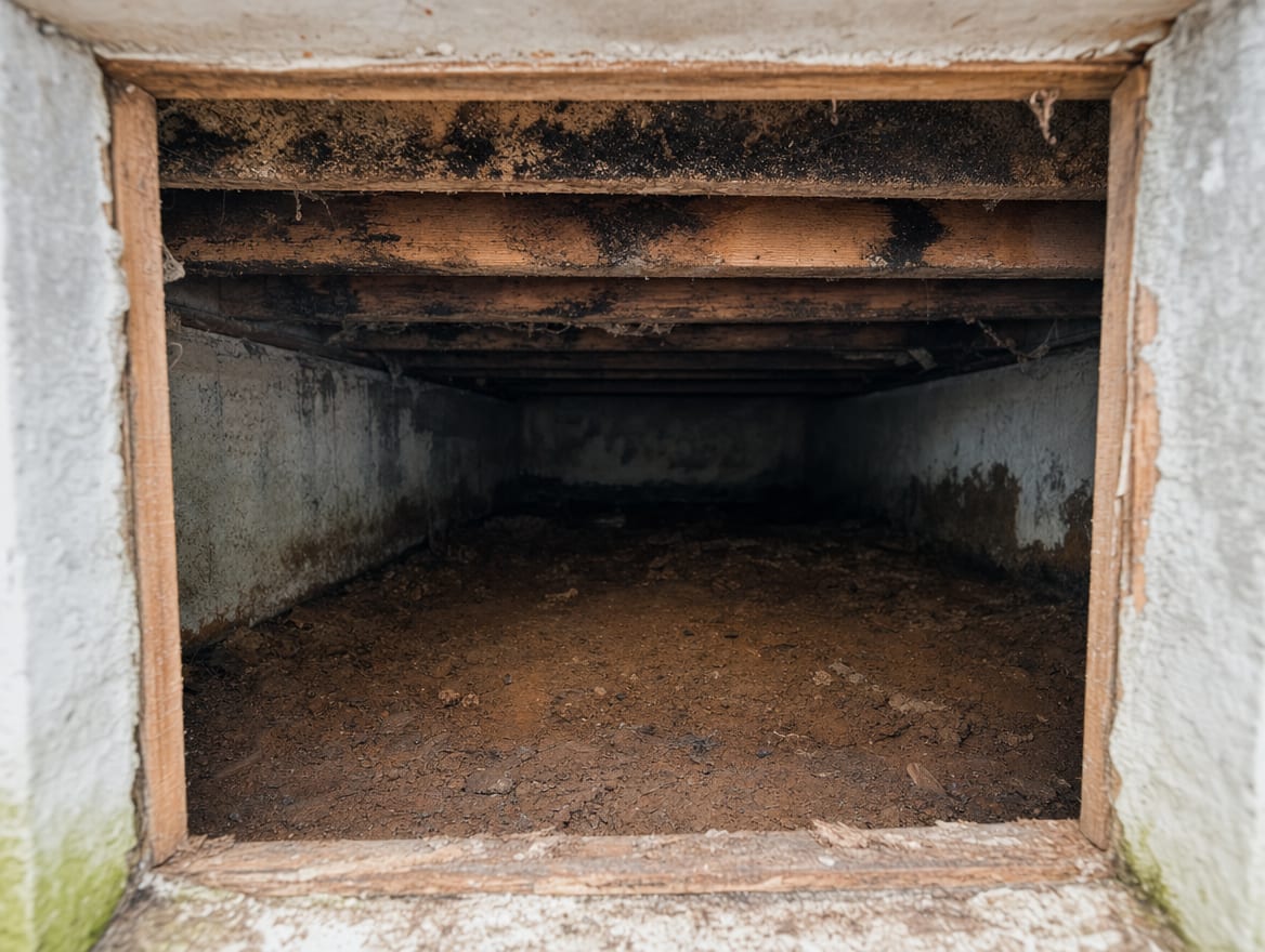 A close view through a low access hatch into a dirt-floored crawl space under a Princeton Junction addition, dark mold on the floor joists overhead