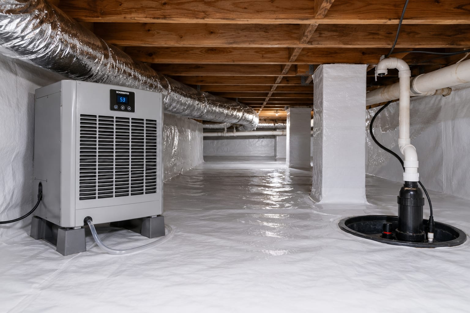 Crawl space dehumidifier and sump pump installed in a clean, encapsulated crawl space