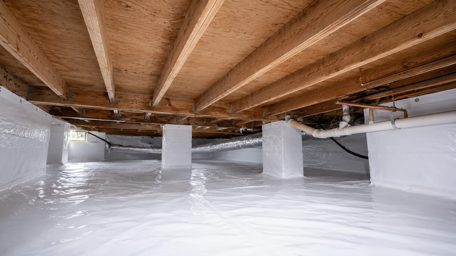 Crawl space sealed with a white polyethylene vapor barrier across the floor and up the foundation walls