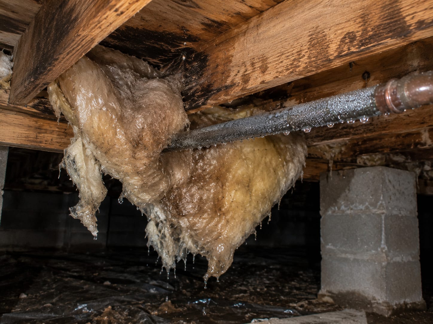 Wet, sagging fiberglass insulation and condensation on a pipe inside a damp crawl space