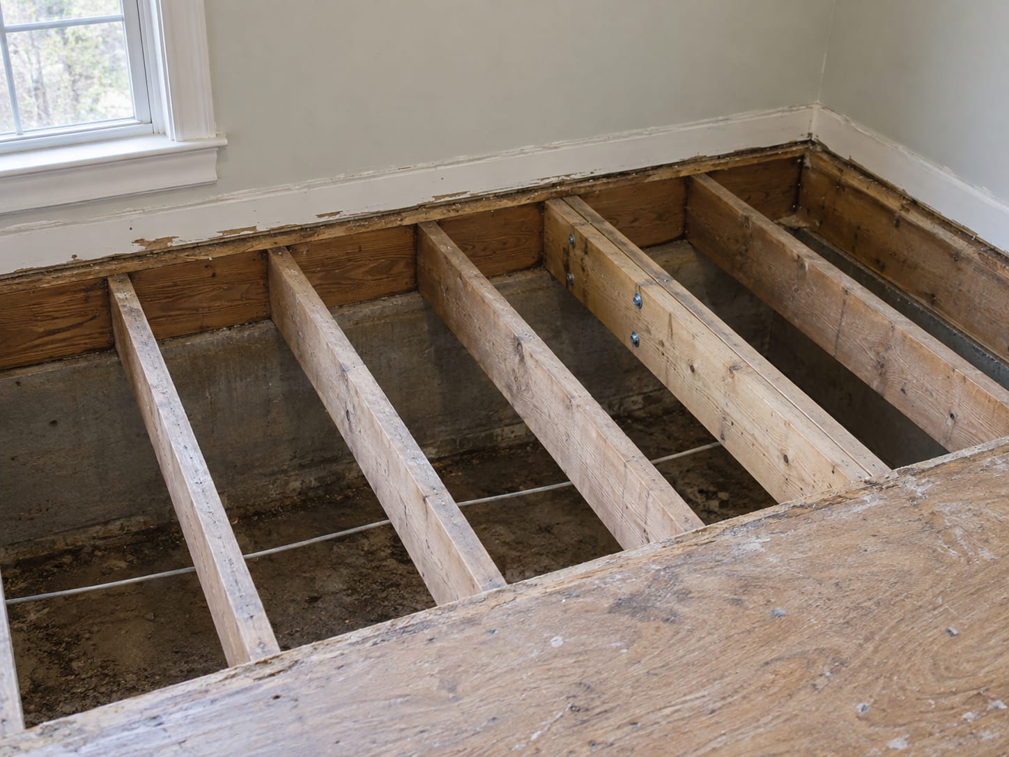 An open section of floor framing in a Bridgewater, New Jersey house, with exposed joists and one doubled joist beside the edge of the plywood subfloor
