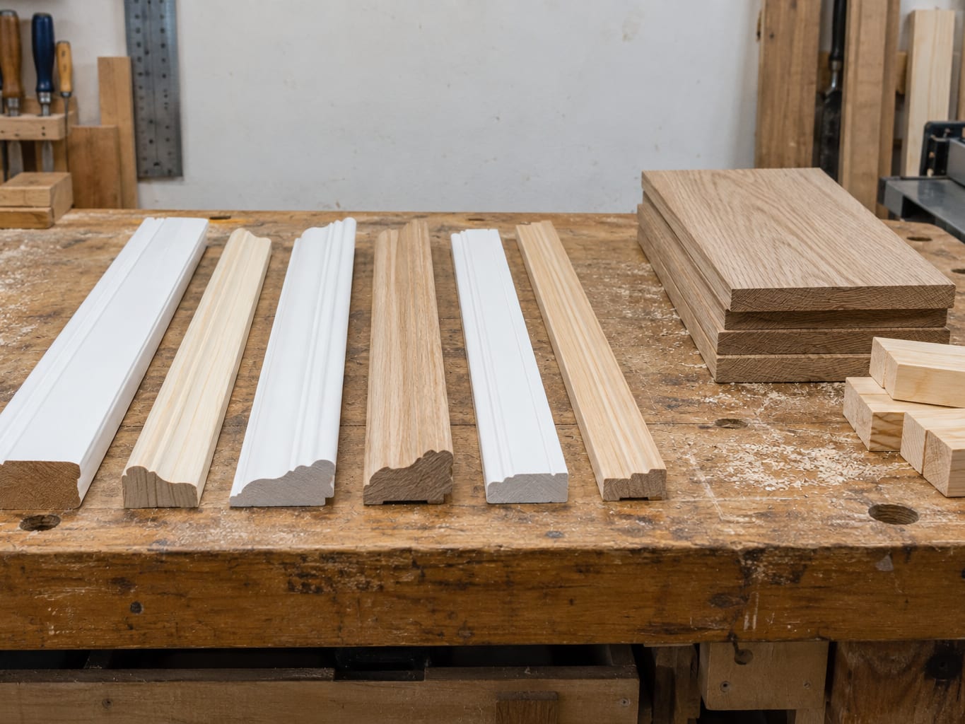 An empty workbench in a Bridgewater, New Jersey carpentry shop with lengths of milled trim in several profiles beside stacked oak boards
