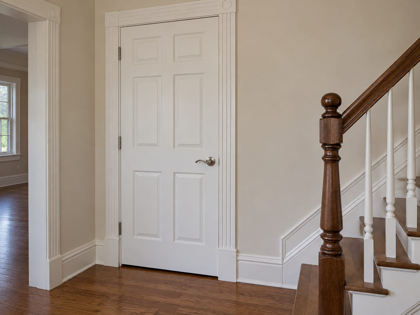 Interior of a Robbinsville, New Jersey house with a painted paneled door hung in matching casing and baseboard, with a lever handle beside a stair newel