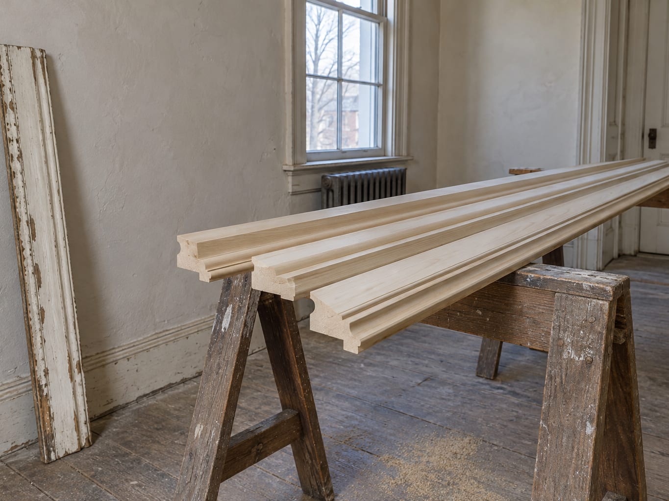 Lengths of raw new molding stacked on sawhorses beside an original painted casing piece in a Trenton, New Jersey rowhouse
